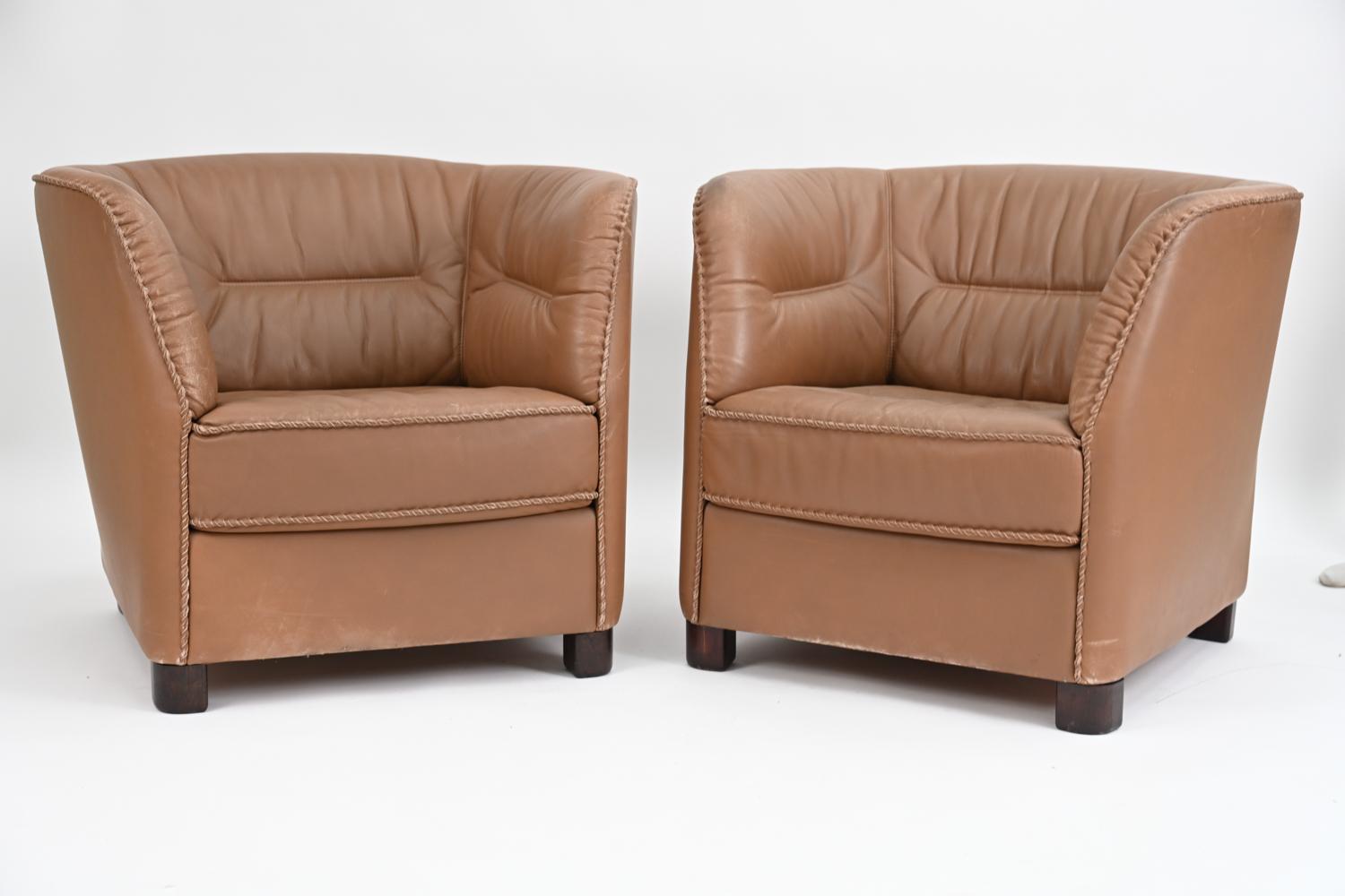 Pair of Danish Modern Leather Whipstitched Lounge Chairs by Berg Furniture 5