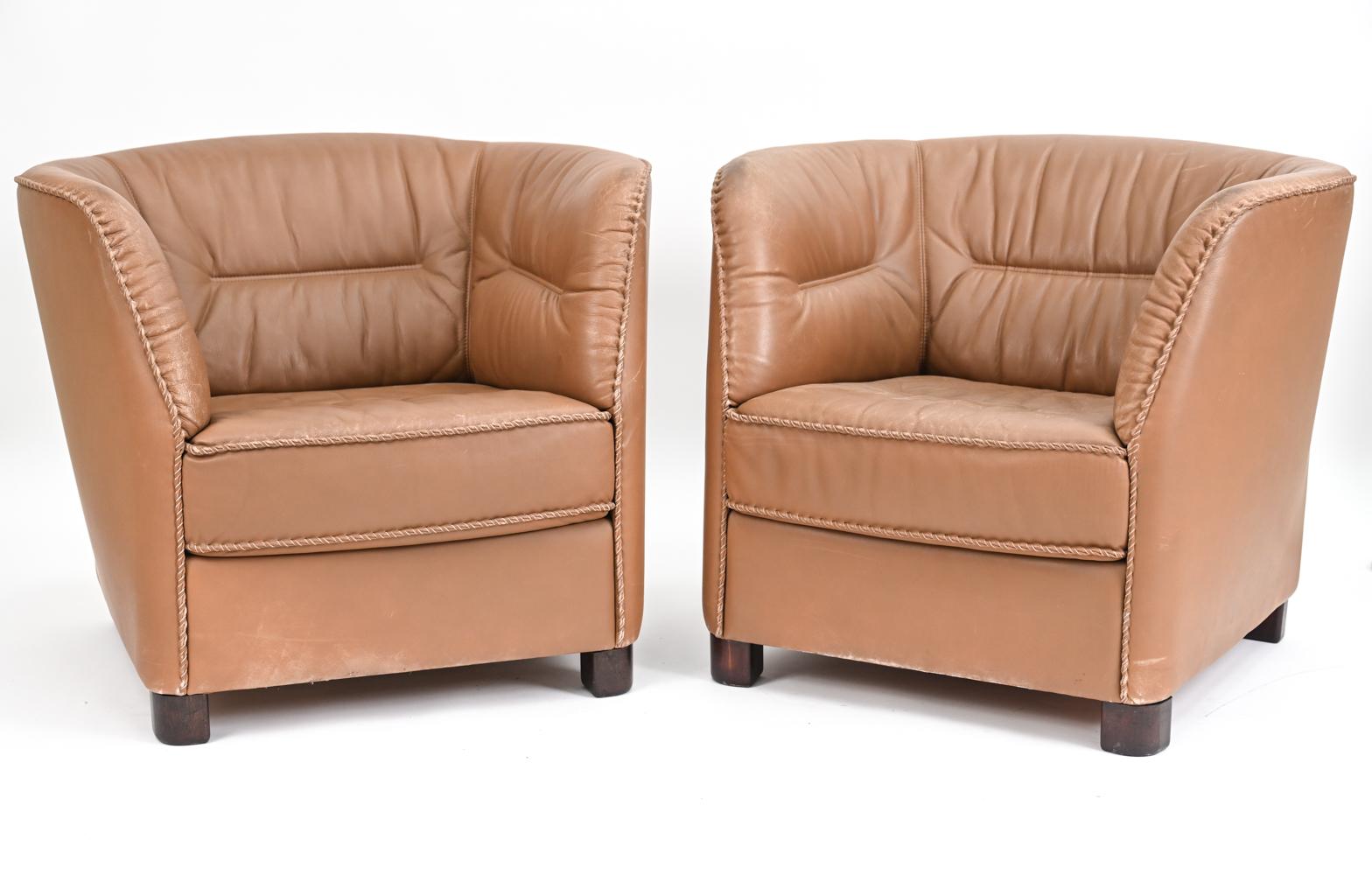 Pair of Danish Modern Leather Whipstitched Lounge Chairs by Berg Furniture 4