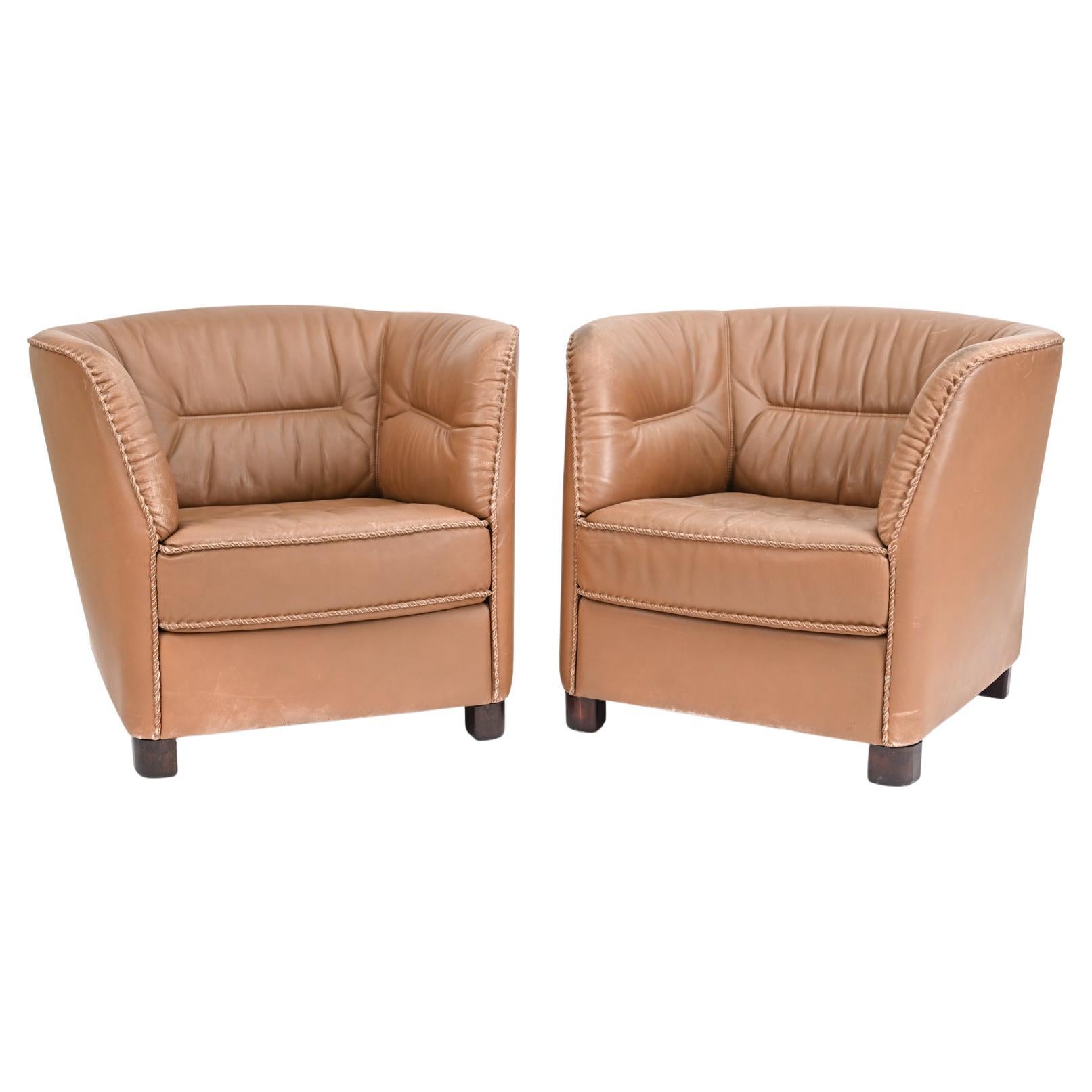 Pair of Danish Modern Leather Whipstitched Lounge Chairs by Berg Furniture