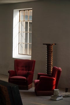 Pair of Danish Modern Lounge Chairs, Cherry-Red Velvet, 1950s