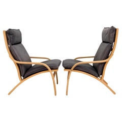 Pair of Danish Modern lounge chairs in bent beech wood gray leather by Stouby