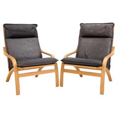 Pair of Danish Modern lounge chairs in bent beech wood gray leather by Stouby