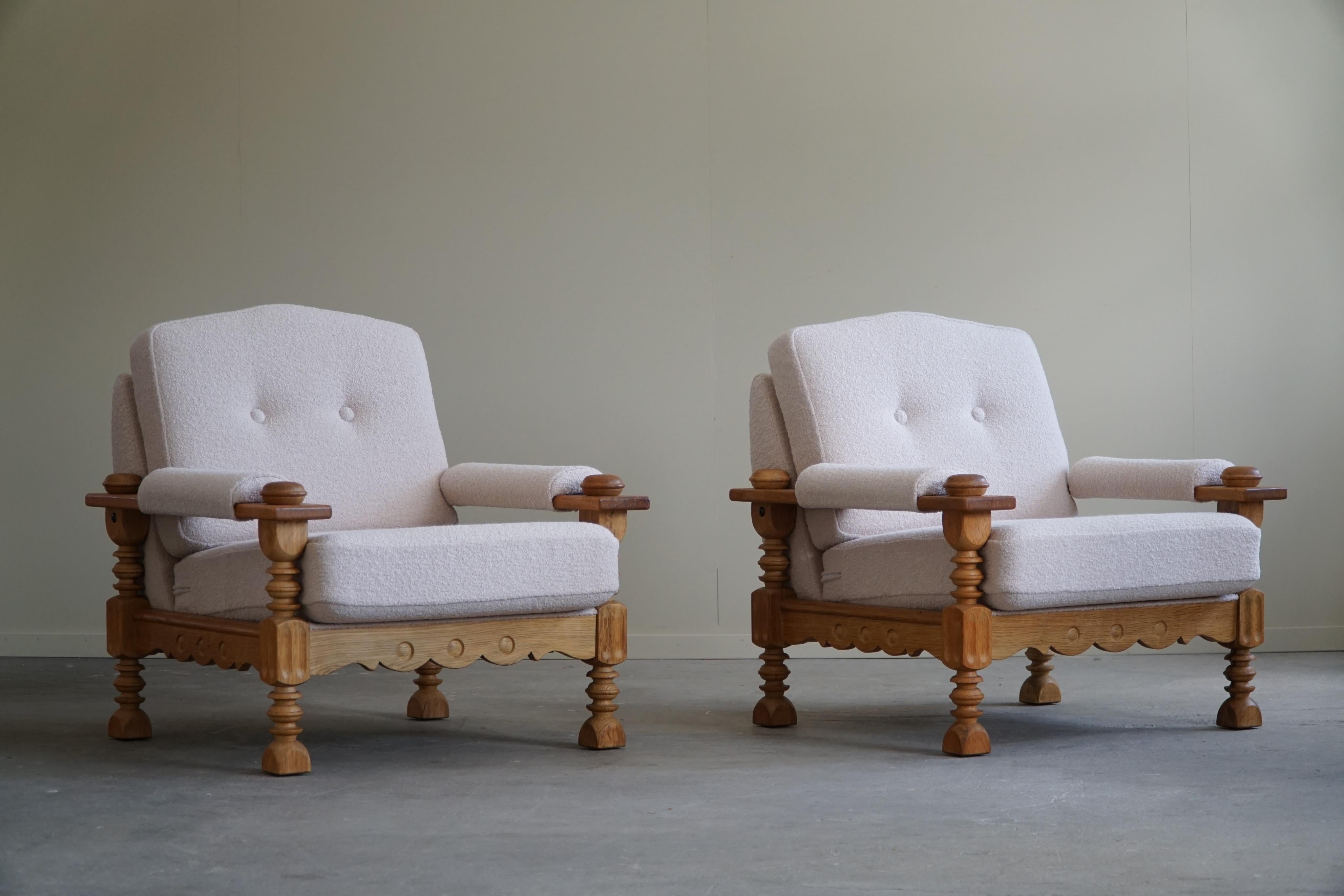 Pair of Danish Modern Lounge Chairs in Oak & Bouclé, Henning Kjærnulf, 1960s 9