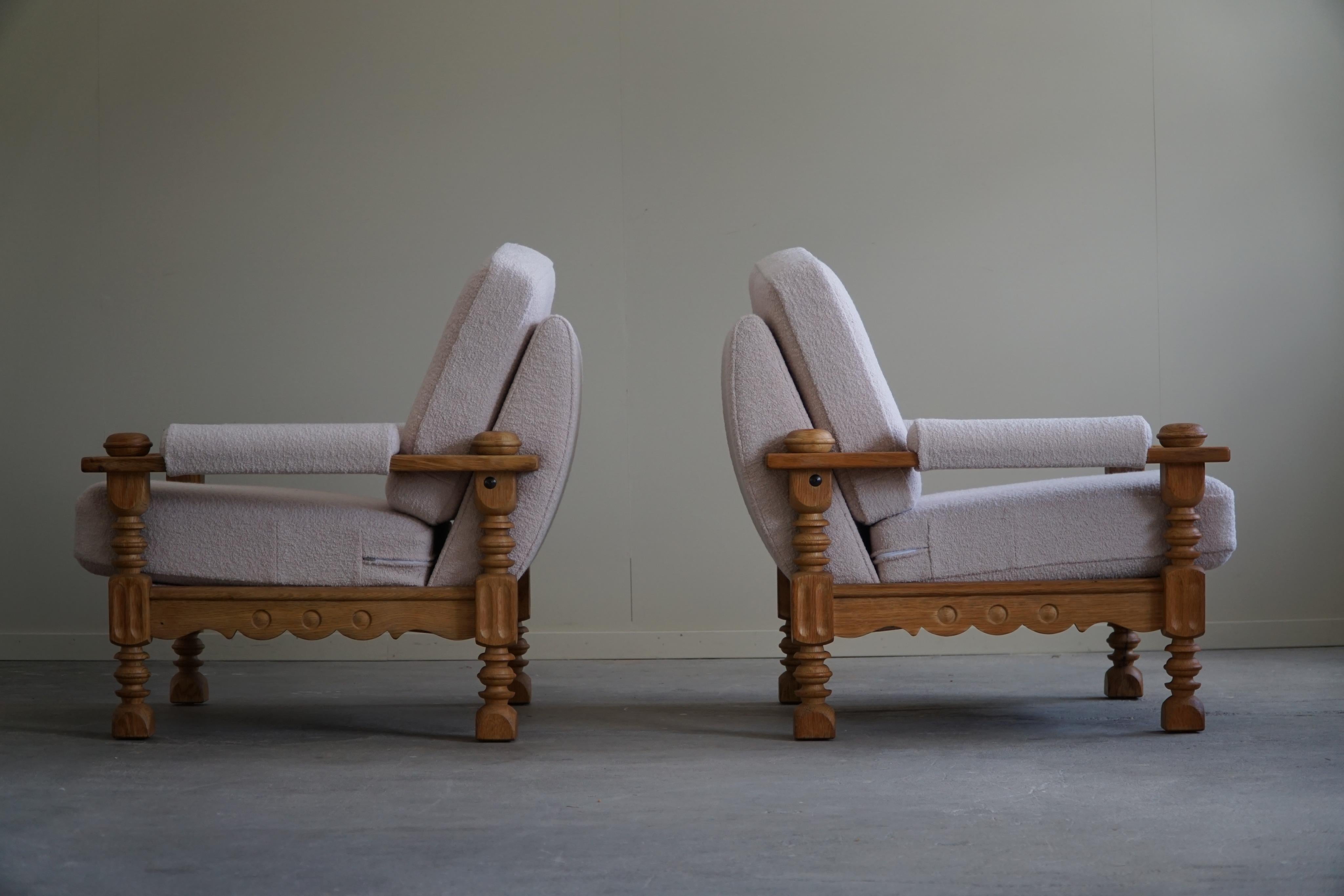 Pair of Danish Modern Lounge Chairs in Oak & Bouclé, Henning Kjærnulf, 1960s 10