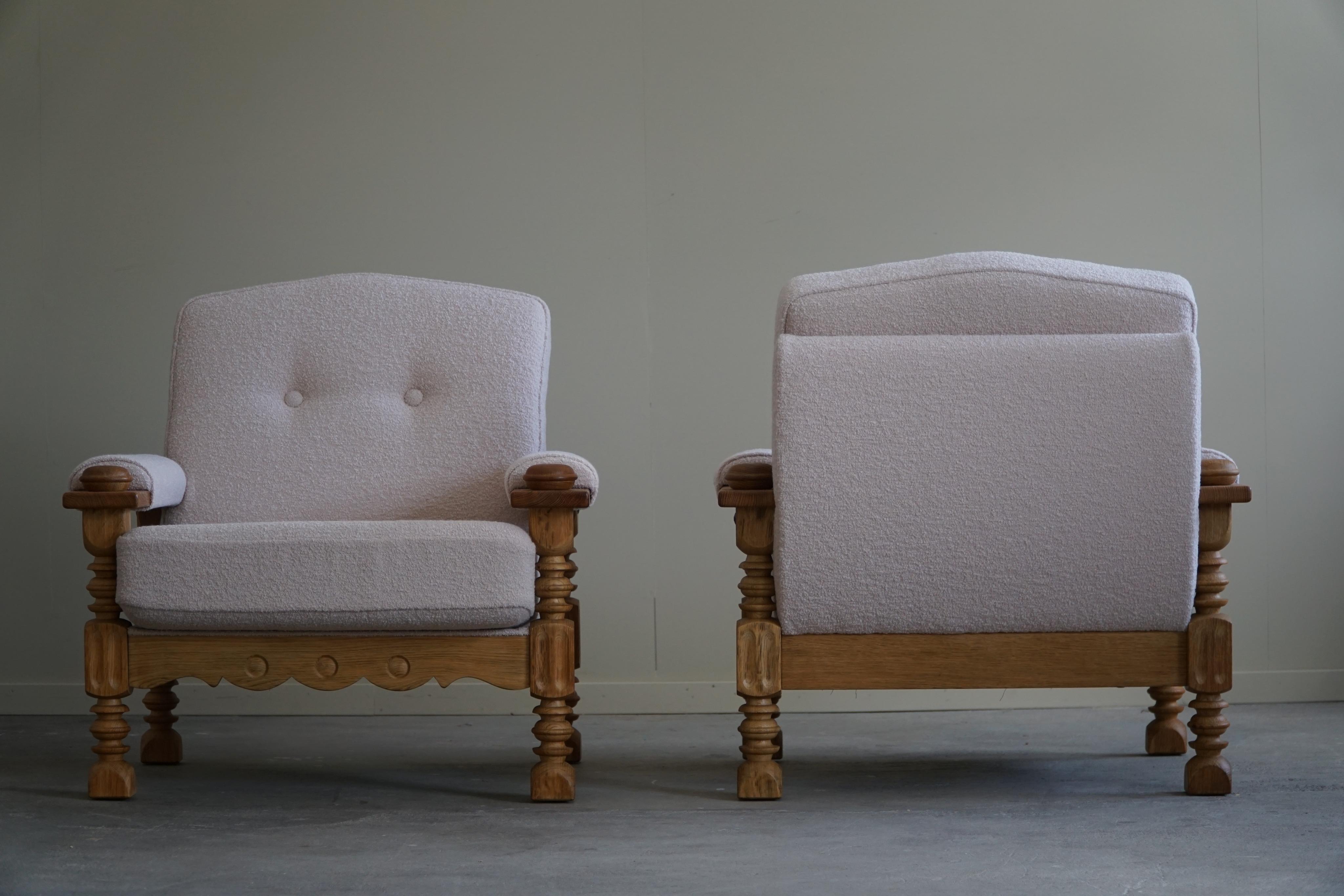 Pair of Danish Modern Lounge Chairs in Oak & Bouclé, Henning Kjærnulf, 1960s 11