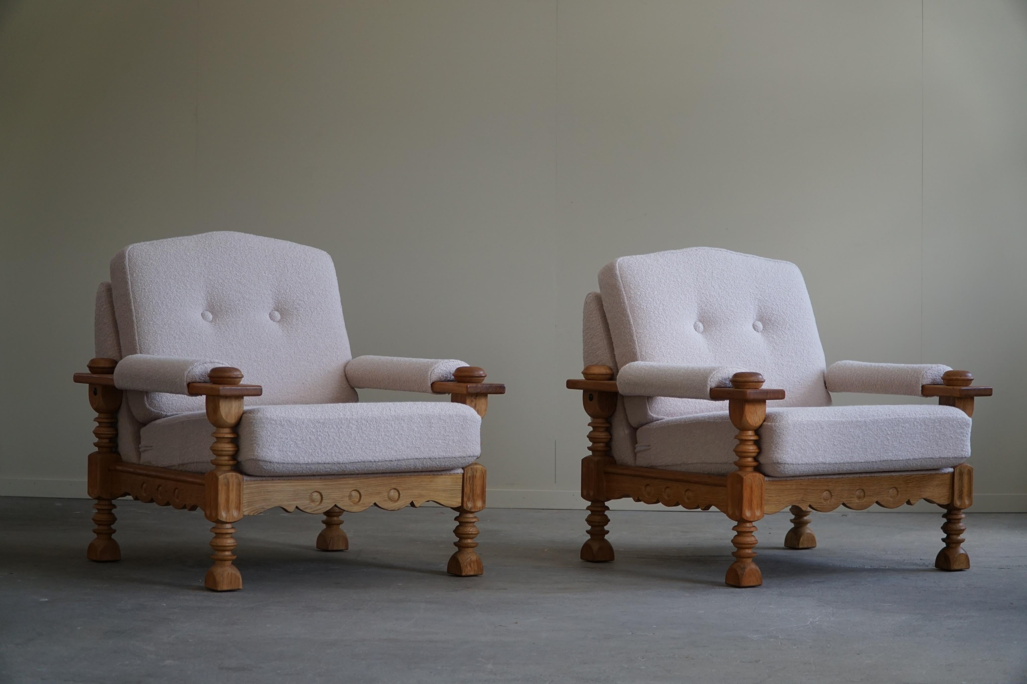 Pair of Danish Modern Lounge Chairs in Oak & Bouclé, Henning Kjærnulf, 1960s 12
