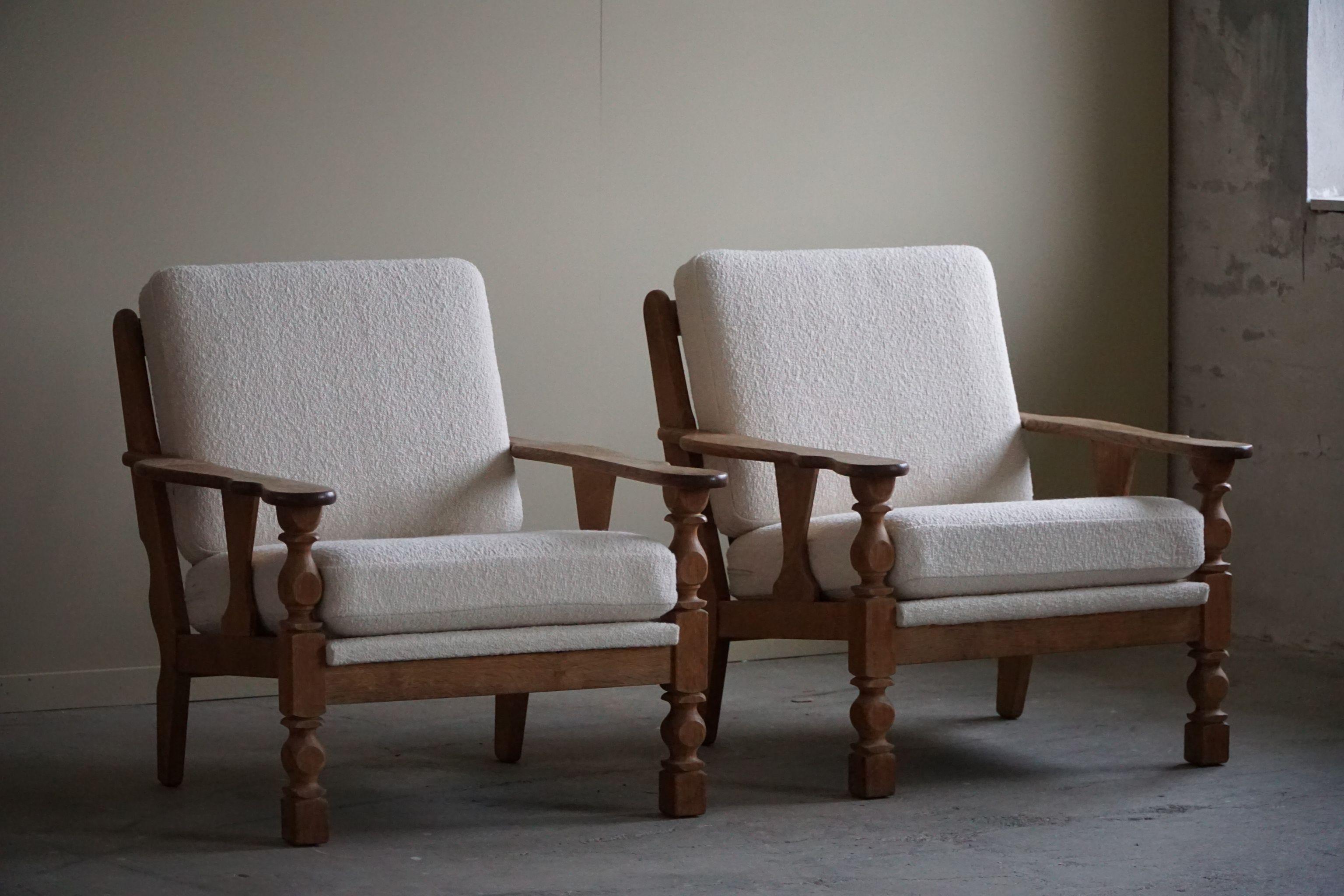 Pair of Danish Modern Lounge Chairs in Oak & Bouclé, Henning Kjærnulf, 1960s 1