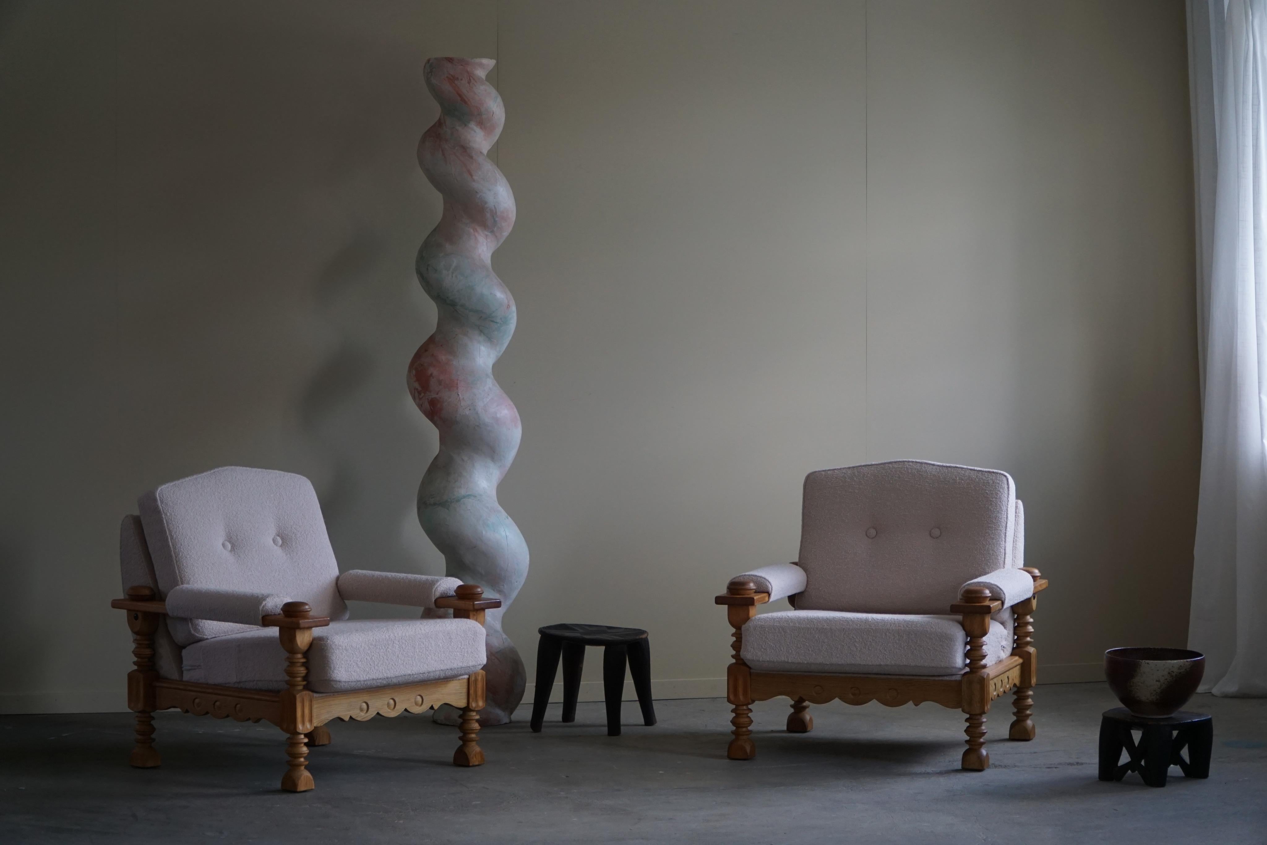 Pair of Danish Modern Lounge Chairs in Oak & Bouclé, Henning Kjærnulf, 1960s 2