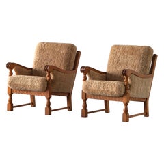 Pair of Danish Modern Lounge Chairs in Oak & Shearling Lambswool, 1960s