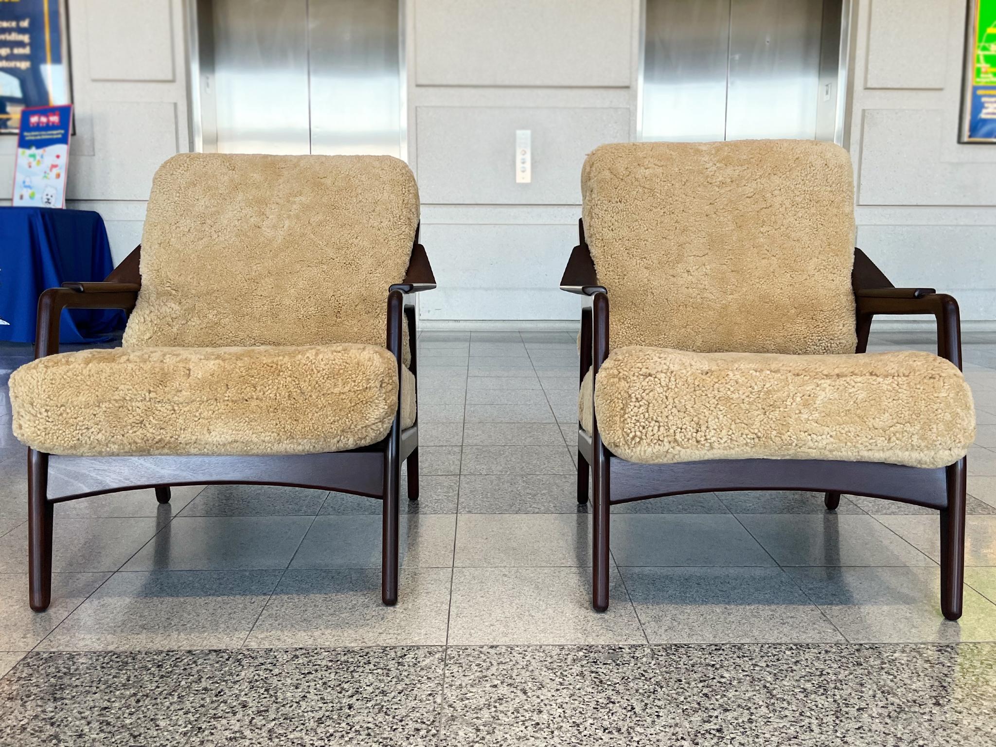 20th Century Pair of Danish Modern Lounge Chairs in Shearling by H. Brockmann-Petersen