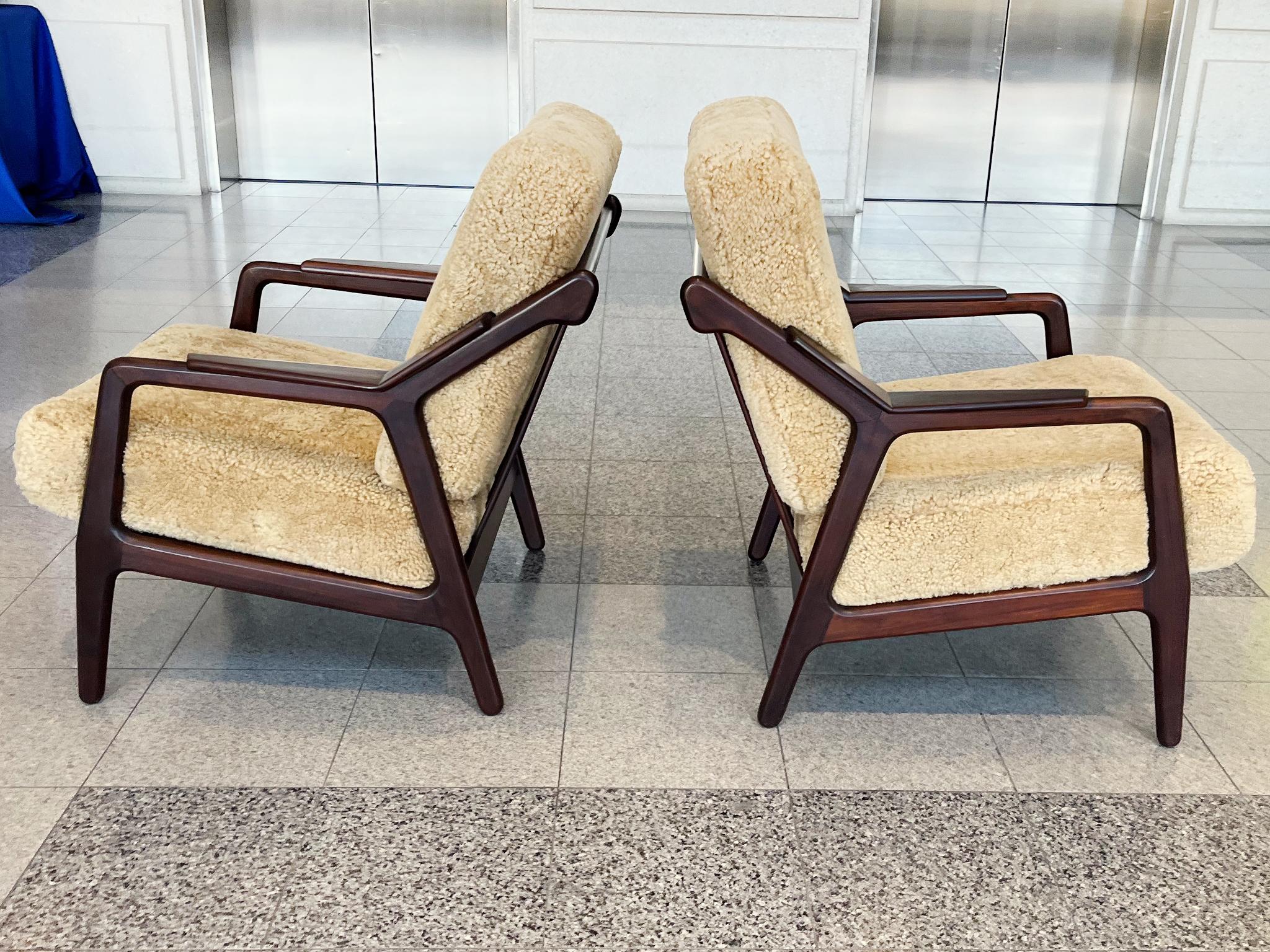 Walnut Pair of Danish Modern Lounge Chairs in Shearling by H. Brockmann-Petersen