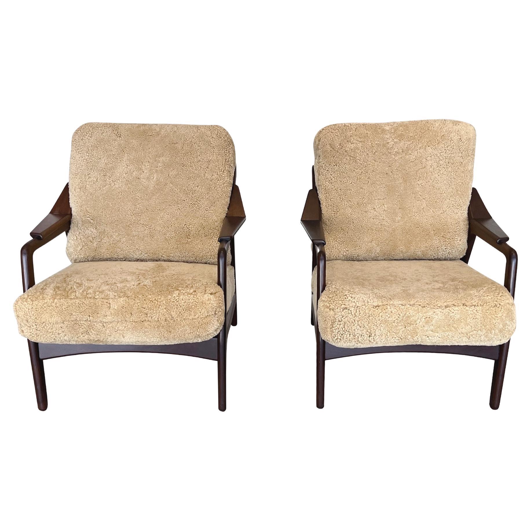 Pair of Danish Modern Lounge Chairs in Shearling by H. Brockmann-Petersen