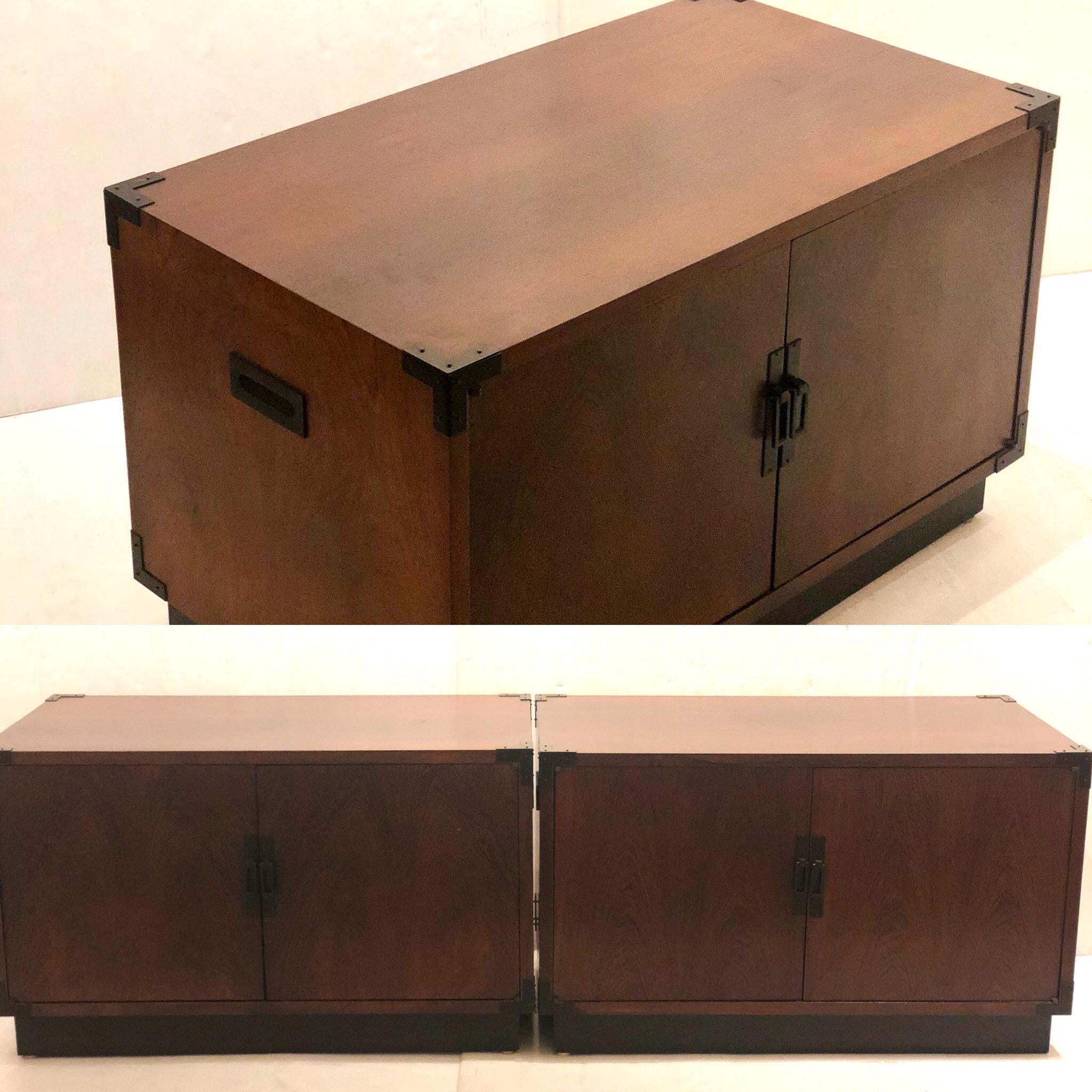 Beautiful and versatile pair of rosewood low cabinets , can be used like nightstands or together like a low credenza, with double doors and great storage with iron corners and black lacquered base , refinished in the back these nice cabinets have