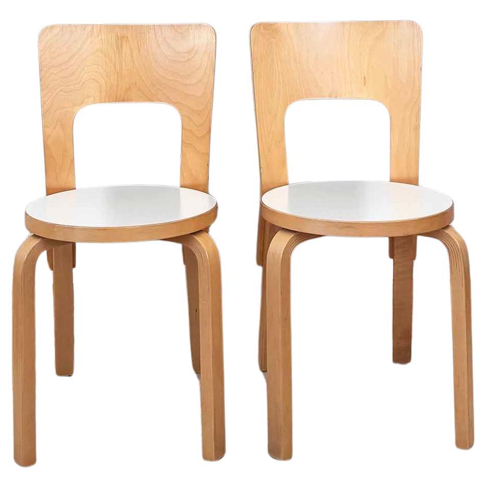 Pair of Danish Modern Model 66 Chairs Birch + White Seats, Alvar Aalto for Artek