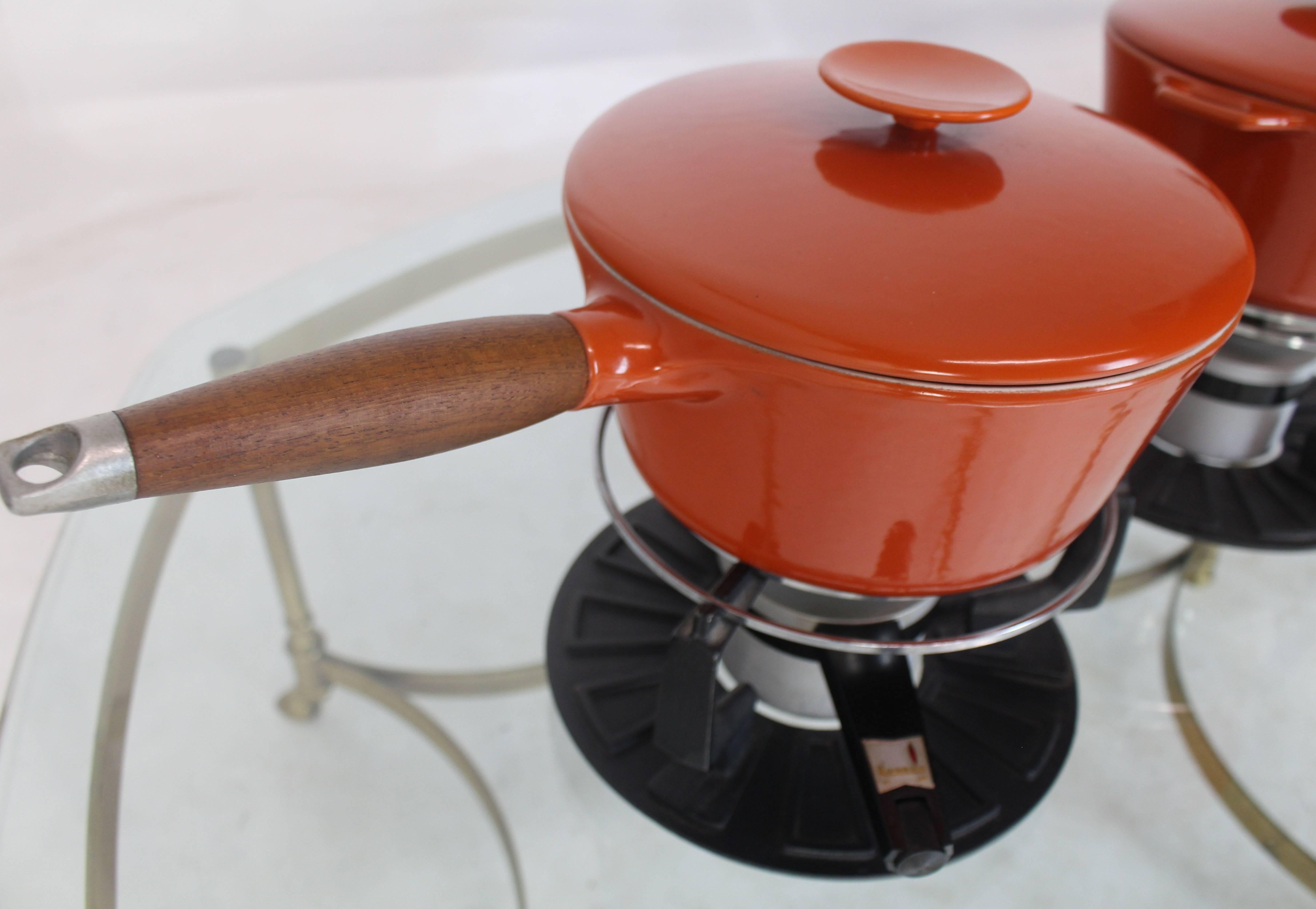 Pair of Danish Modern Orange Pots Sause Pans with Teak Handles and Food Warmers In Excellent Condition In Rockaway, NJ