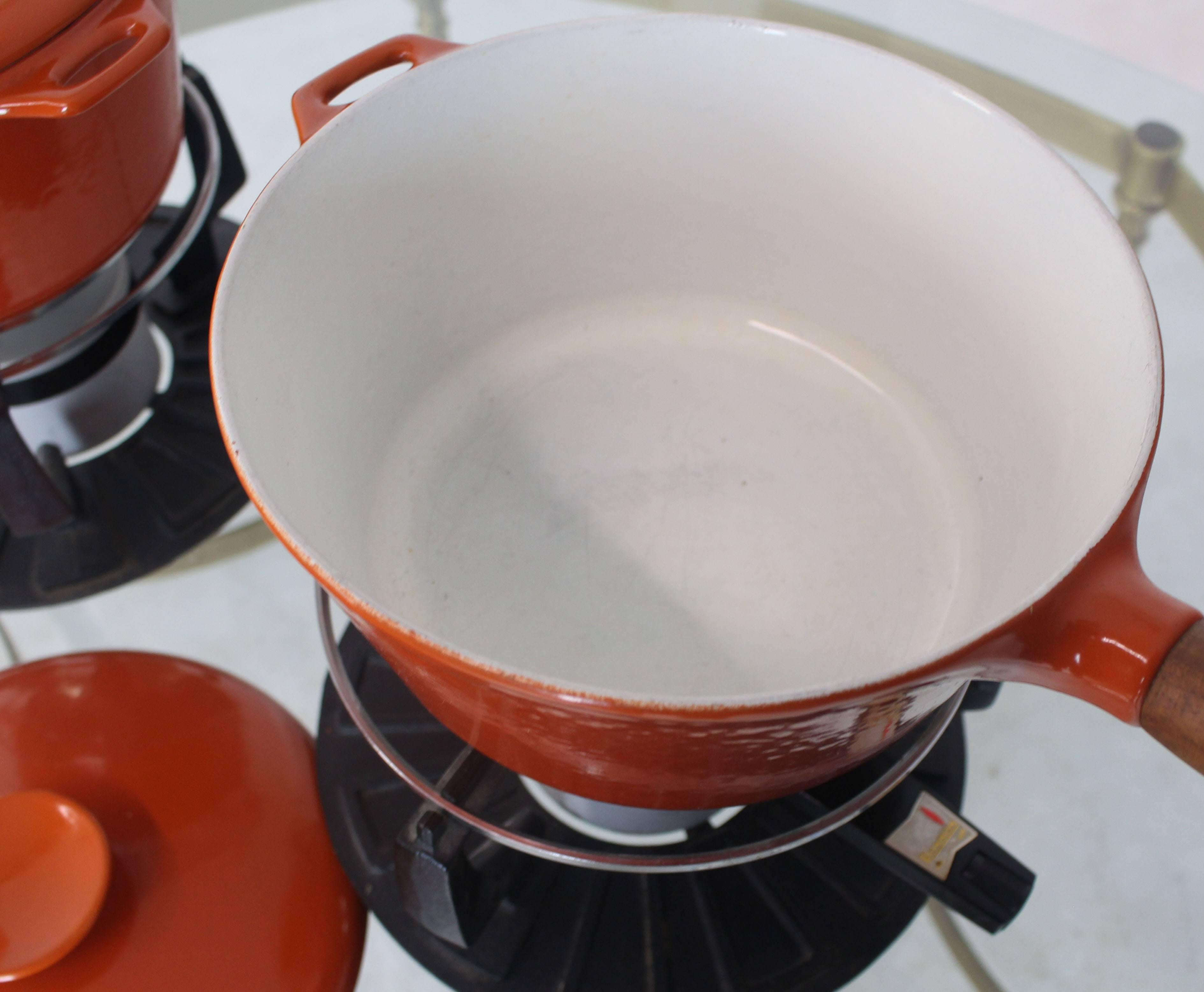 20th Century Pair of Danish Modern Orange Pots Sause Pans with Teak Handles and Food Warmers