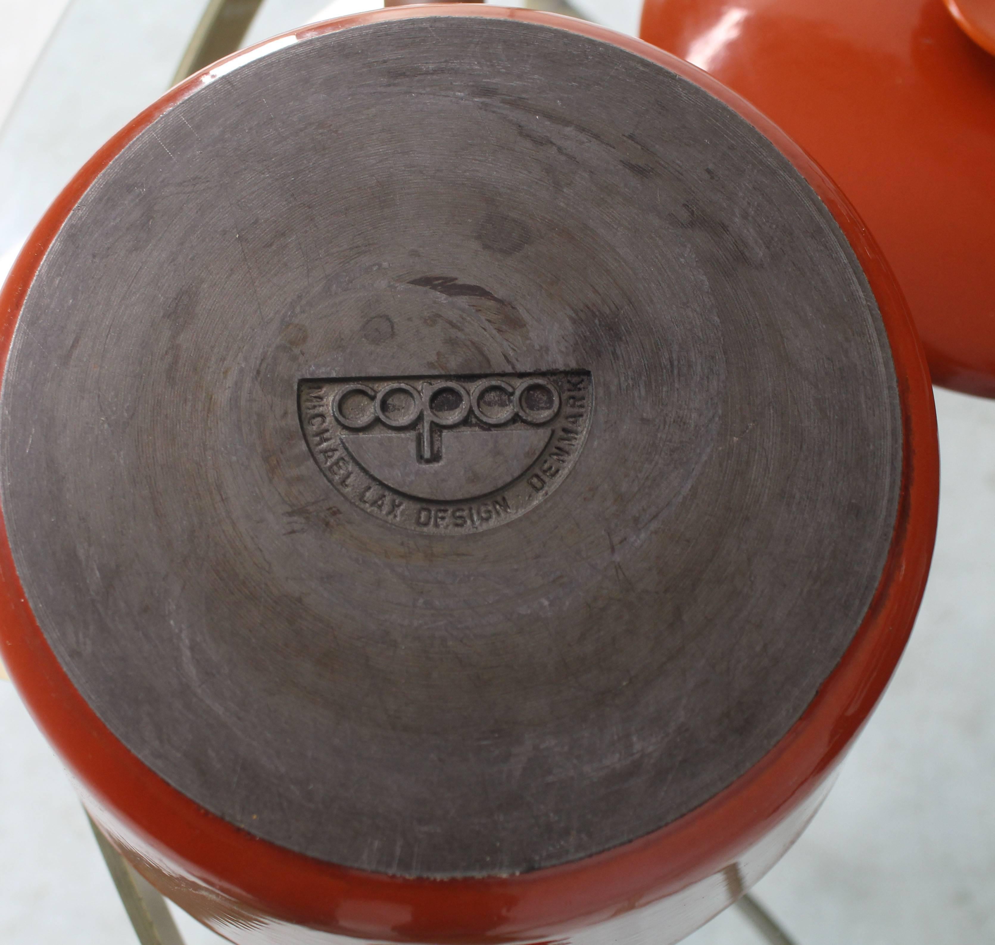 Enamel Pair of Danish Modern Orange Pots Sause Pans with Teak Handles and Food Warmers