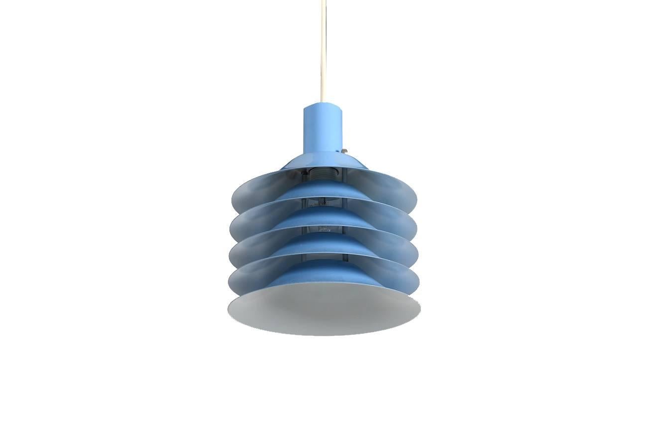 Pair of small midcentury Danish modern pendant lamps, early 1960s by ABO Randers, Denmark. One in white and one in light blue.
