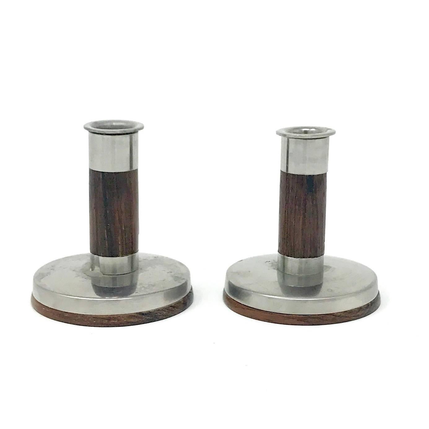 Scandinavian Modern Pair of Danish Modern Rosewood and Stainless Steel Candlesticks by Lundtofte For Sale