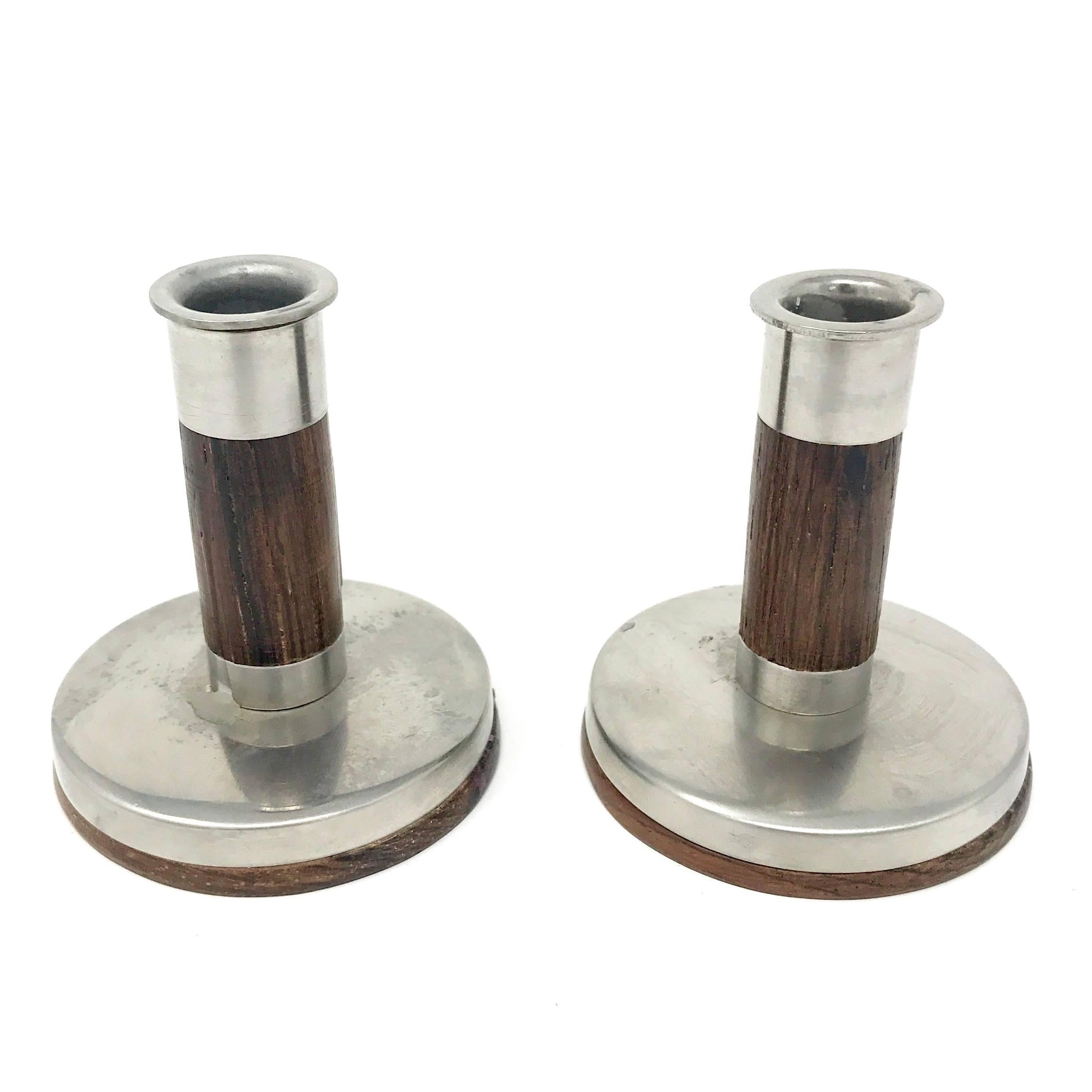 Pair of Danish Modern Rosewood and Stainless Steel Candlesticks by Lundtofte In Excellent Condition For Sale In Sacramento, CA