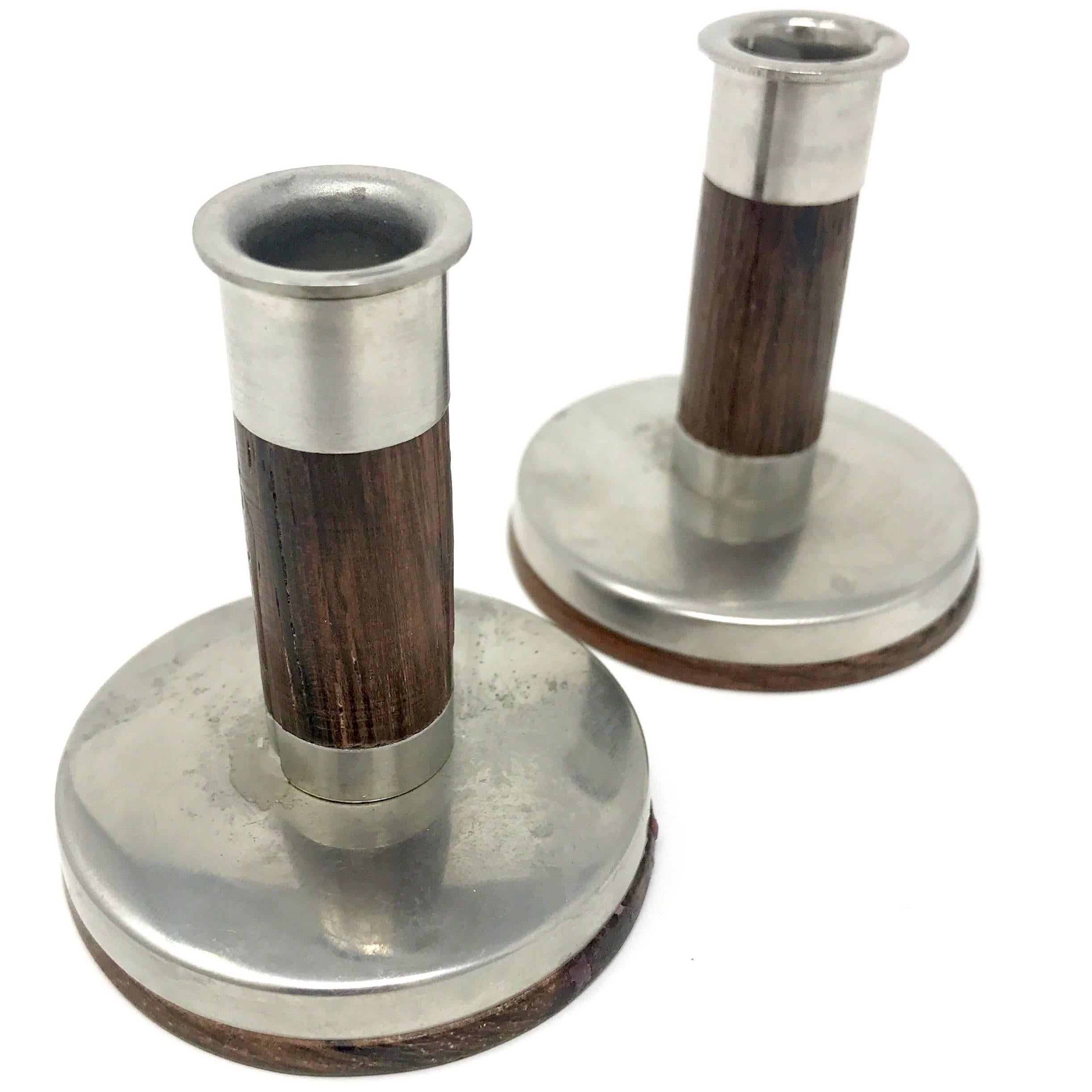 Pair of Danish Modern Rosewood and Stainless Steel Candlesticks by Lundtofte For Sale
