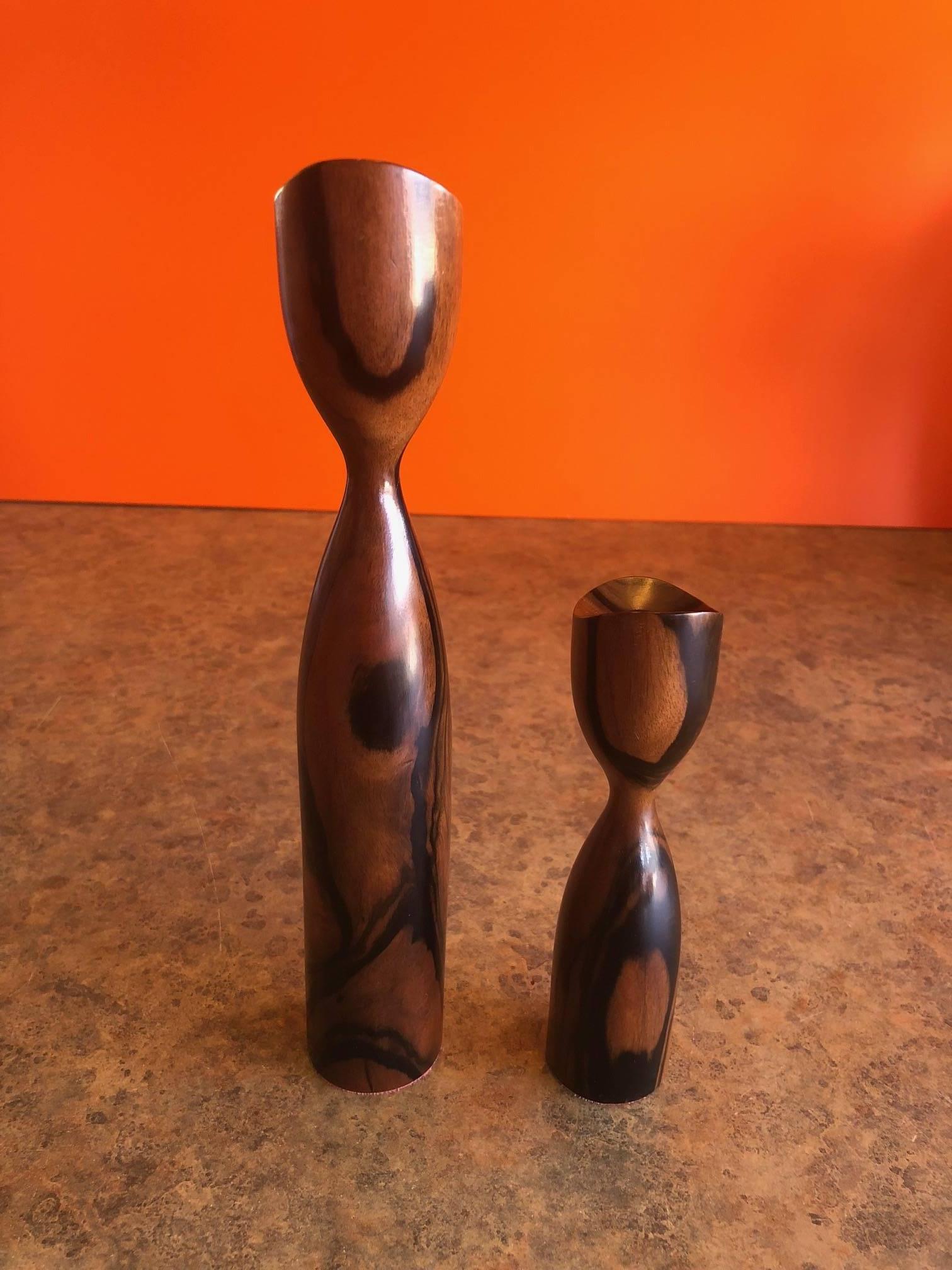 Turned Pair of Danish Modern Rosewood Candlesticks For Sale