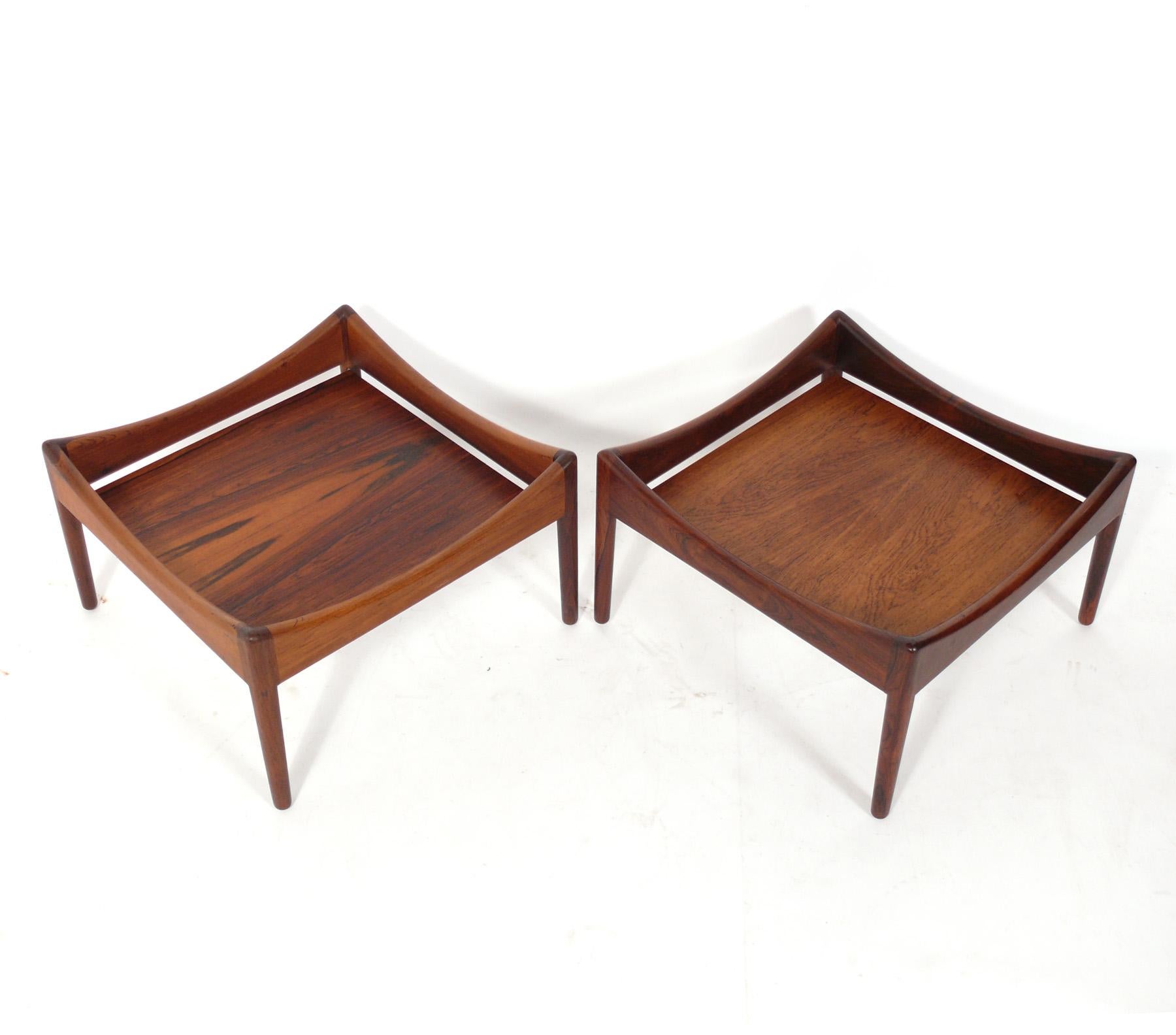 Pair of Danish Modern Rosewood end tables, designed by Kristian Vedel for Soren Willadsen, Denmark, circa 1960s. These tables are a versatile size and can be used as end or side tables, or as low slung night stands. They are constructed of solid