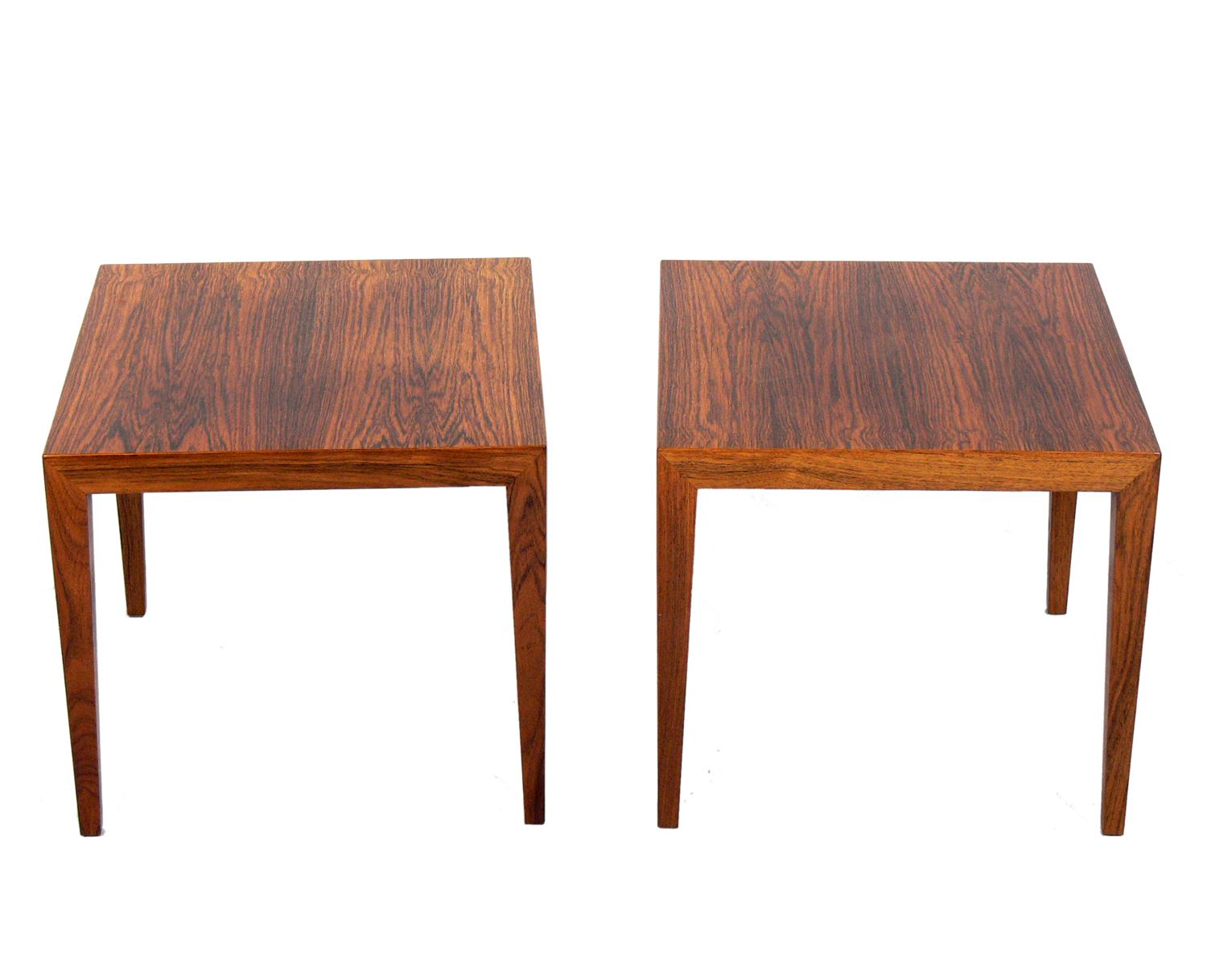 Pair of Danish Modern Rosewood End Tables, designed by Severin Hansen, Denmark, circa 1960s. Clean lined architectural design. They are a versatile size and can be used as end or side tables, or as night stands. These tables are currently being