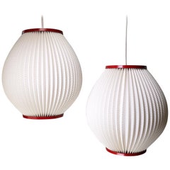 Pair of Danish Modern Schiøler for Høyrup Cream, Red Pleated Pendants, 1960