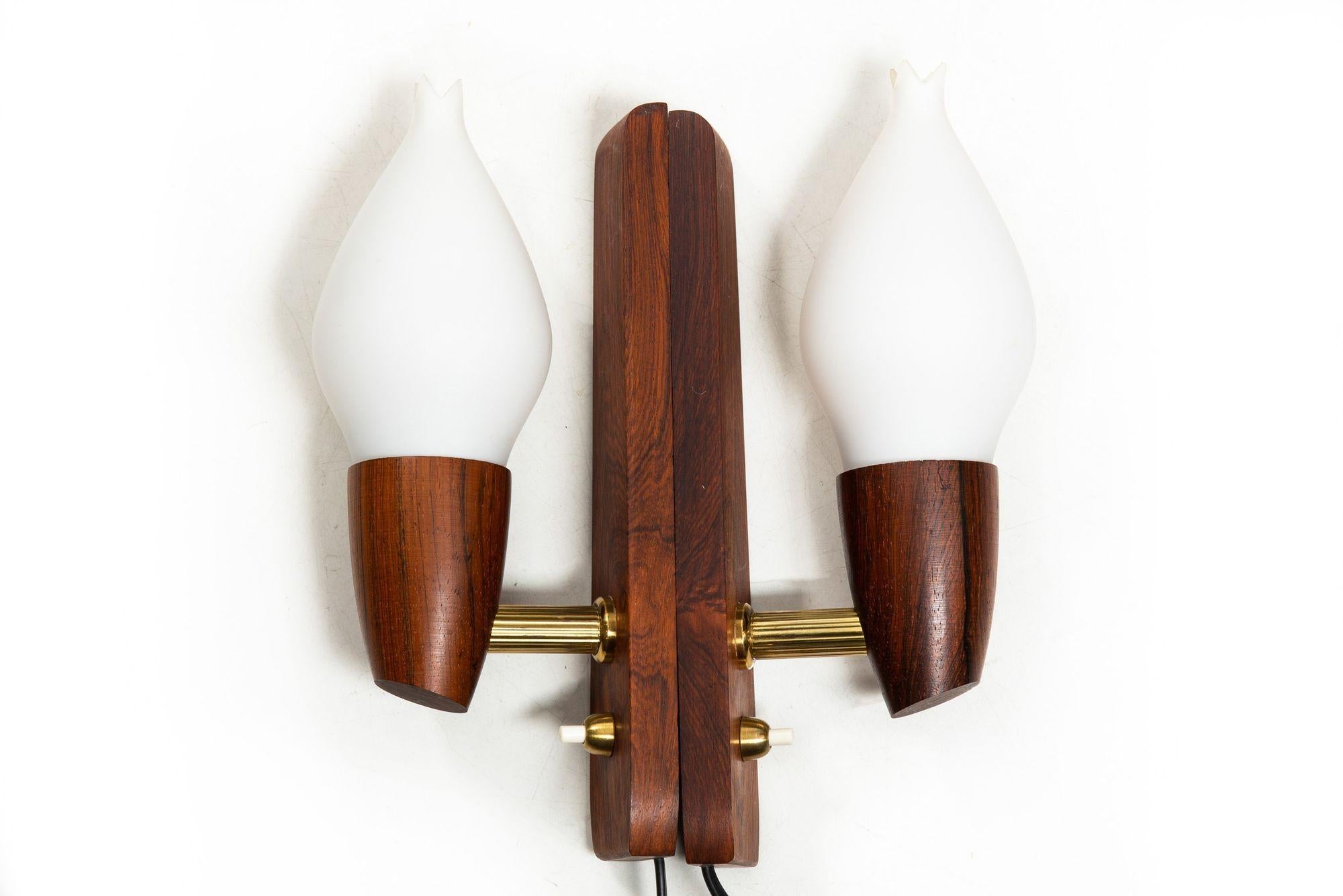 Scandinavian Modern Pair of Danish Modern Sculpted Rosewood Frosted Glass Wall Sconces For Sale