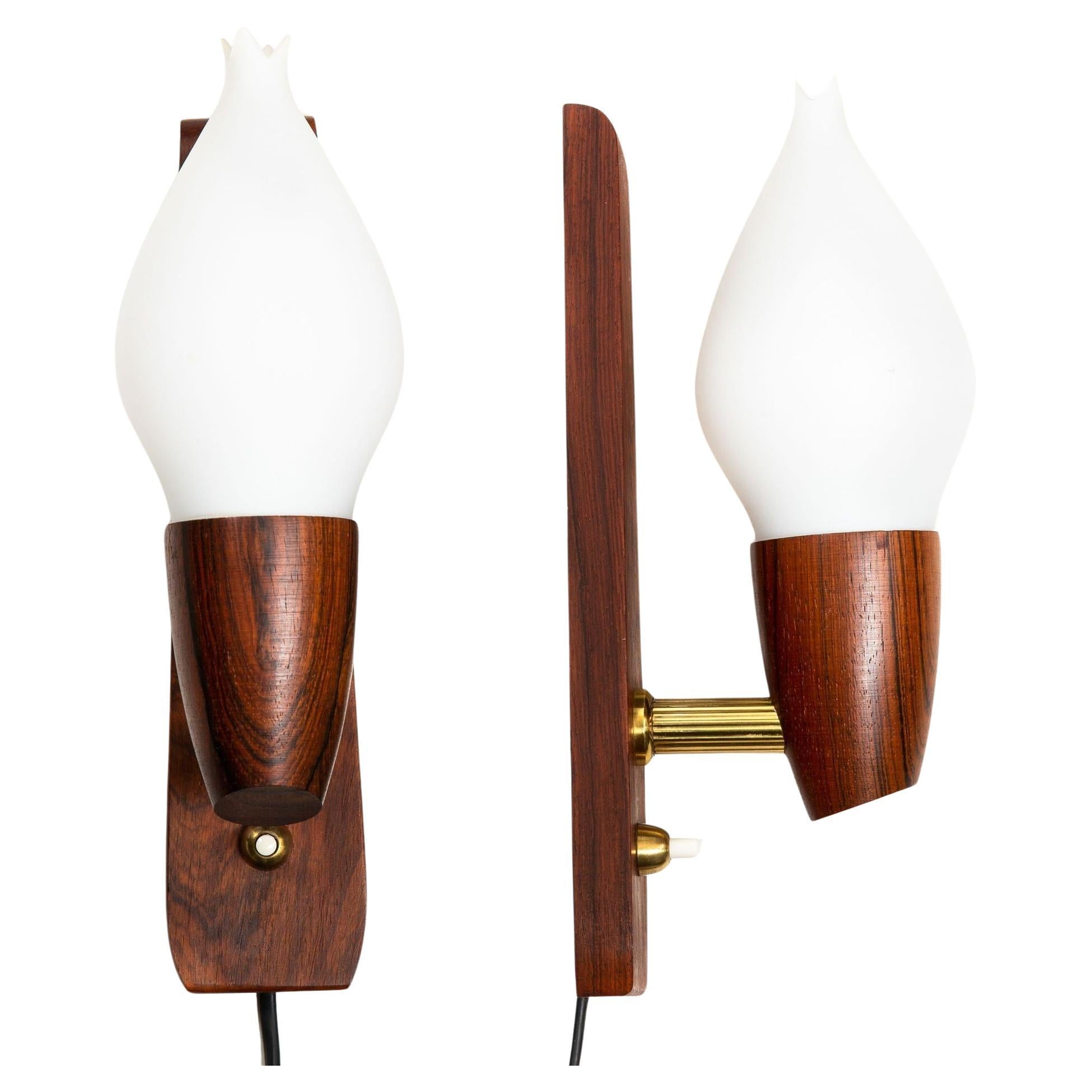 Pair of Danish Modern Sculpted Rosewood Frosted Glass Wall Sconces For Sale