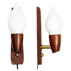 Vintage Pair of Danish Modern Sculpted Rosewood Frosted Glass Wall Sconces
