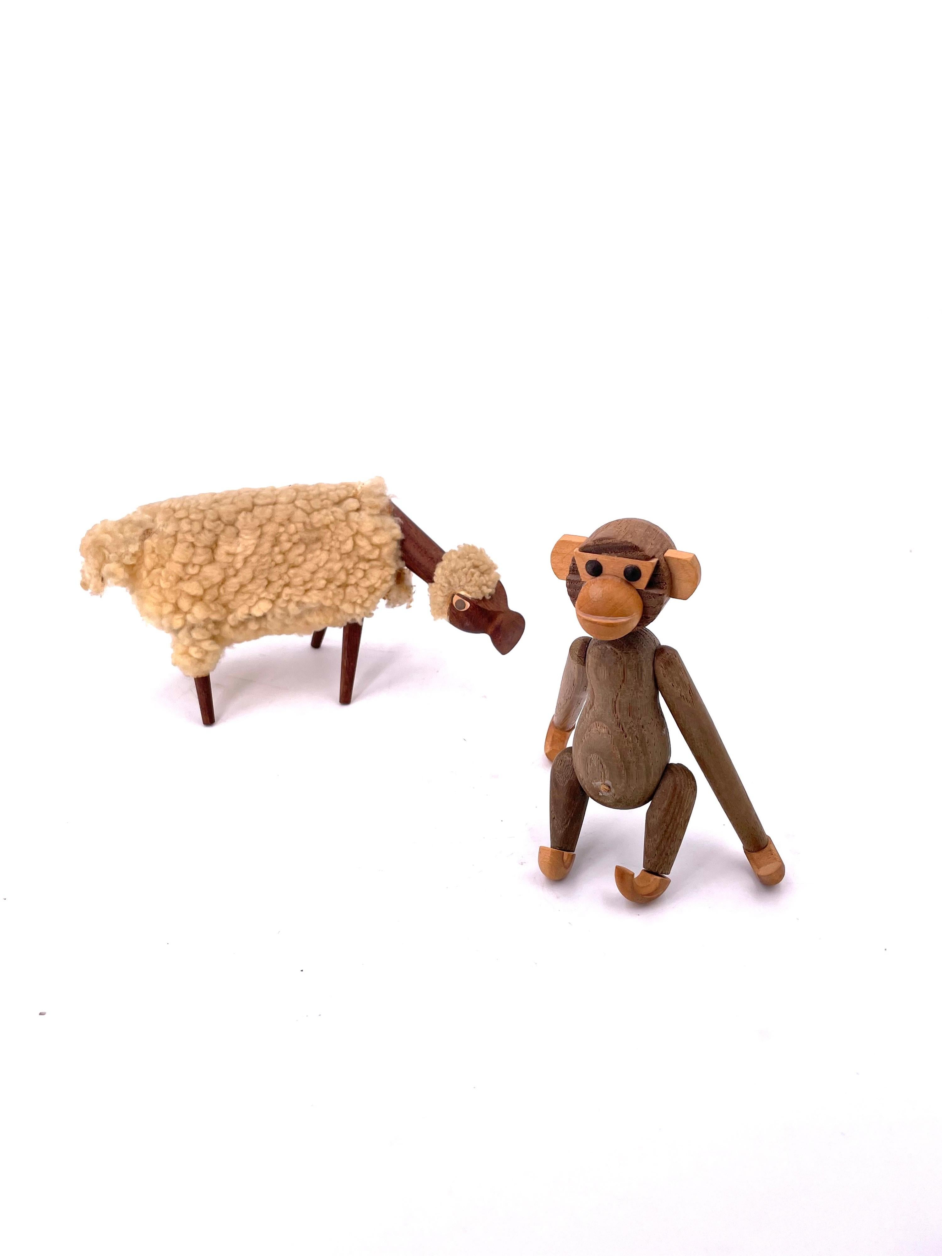 Great and unique pair of beautiful articulated monkey and sheep with real wool, circa 1950's the sheep its made in Israel the monkey it's not marked.