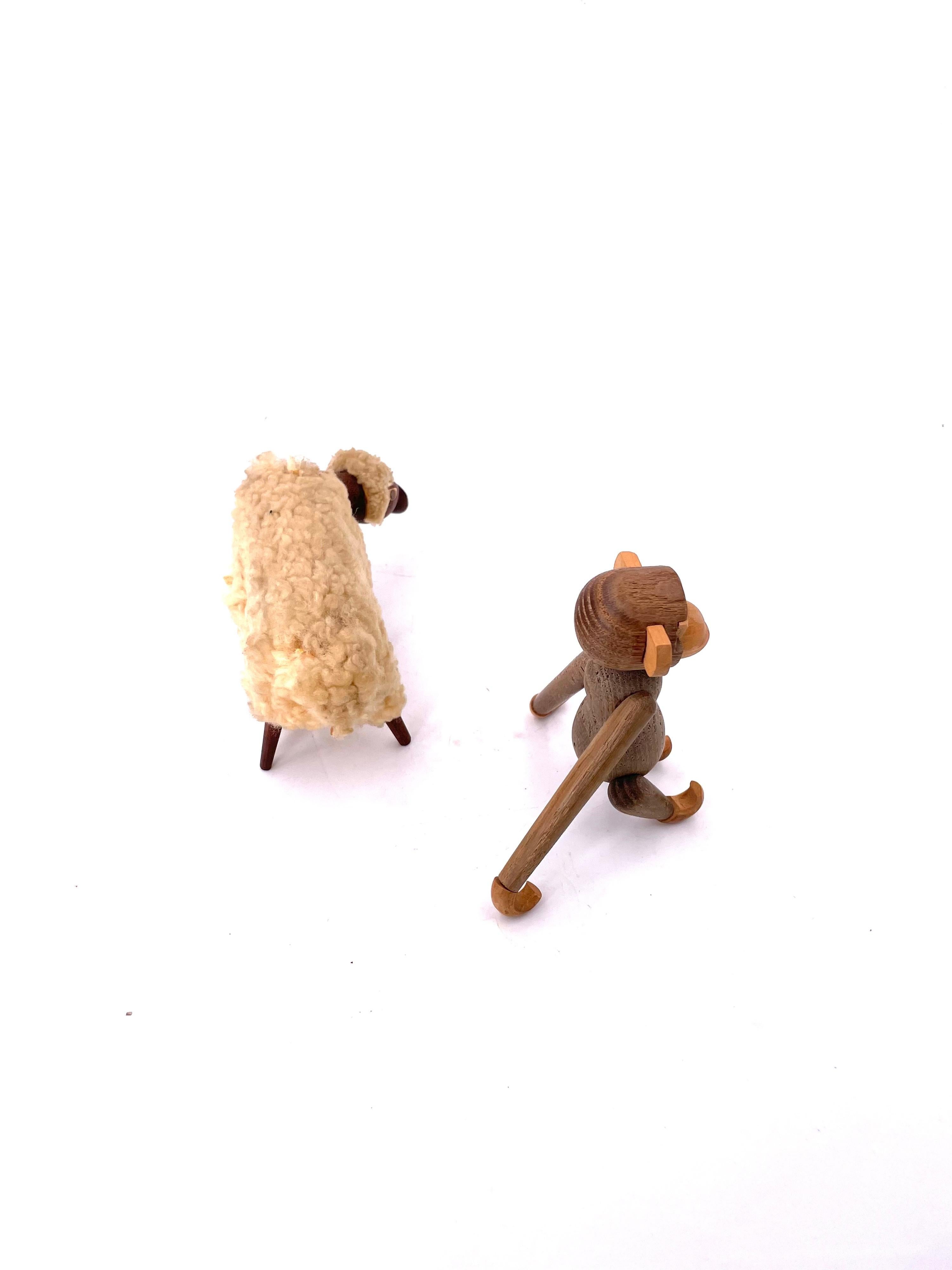 Scandinavian Modern Pair of Danish Modern Sheep & Monkey Toys in Teak & Wool After Kay Bojesen