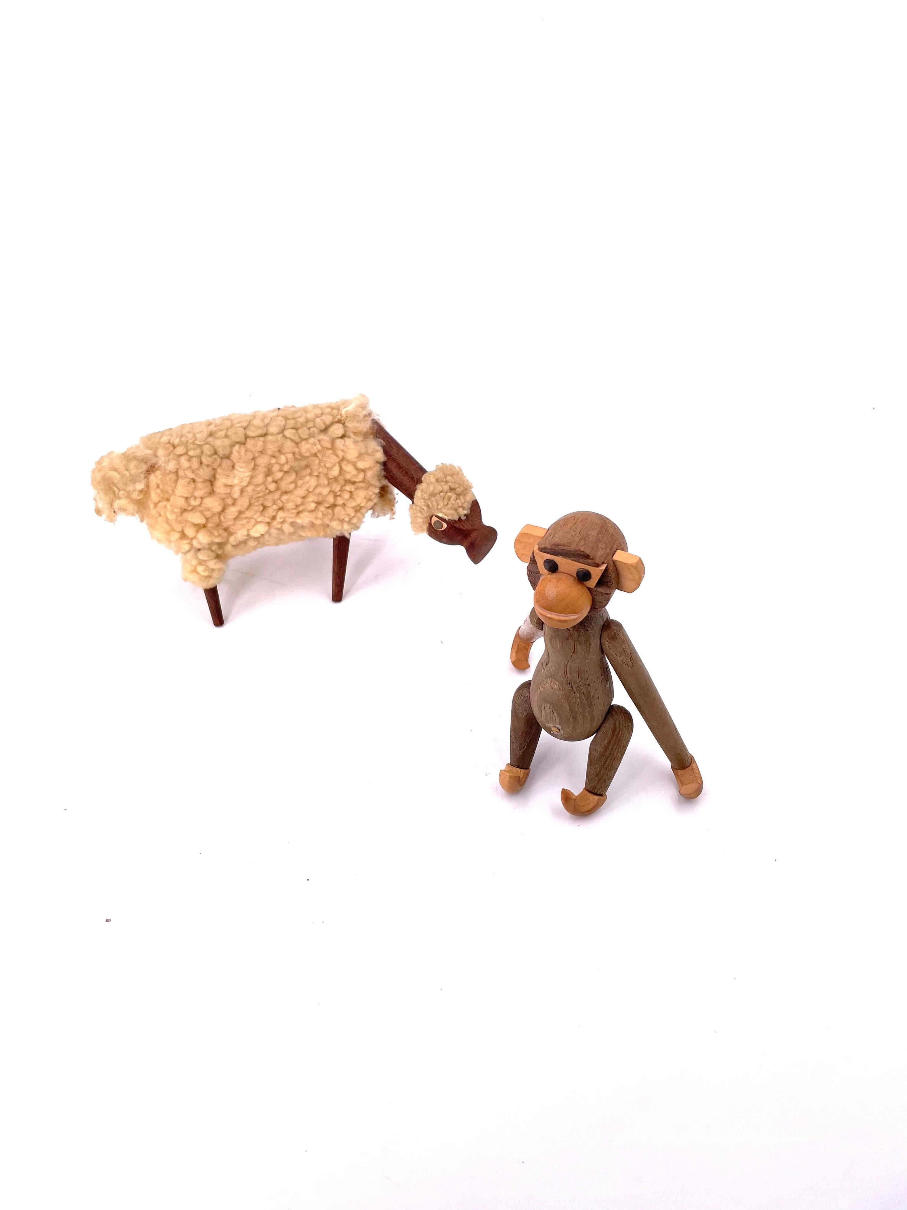 Israeli Pair of Danish Modern Sheep & Monkey Toys in Teak & Wool After Kay Bojesen