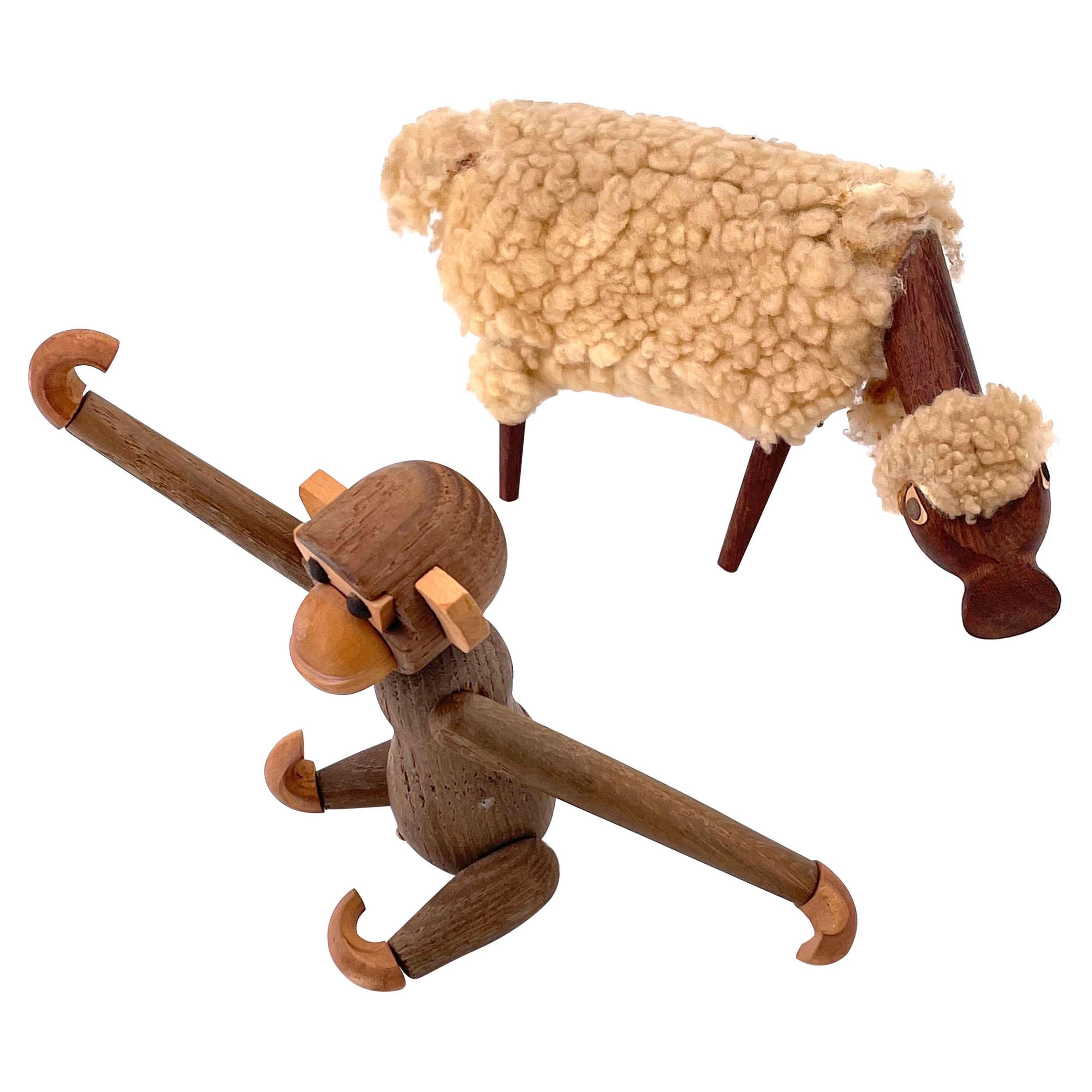 Pair of Danish Modern Sheep & Monkey Toys in Teak & Wool After Kay Bojesen