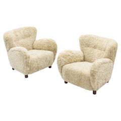 Pair of Danish Modern Sheepskin Lounge Chairs in the Style of Flemming Lassen