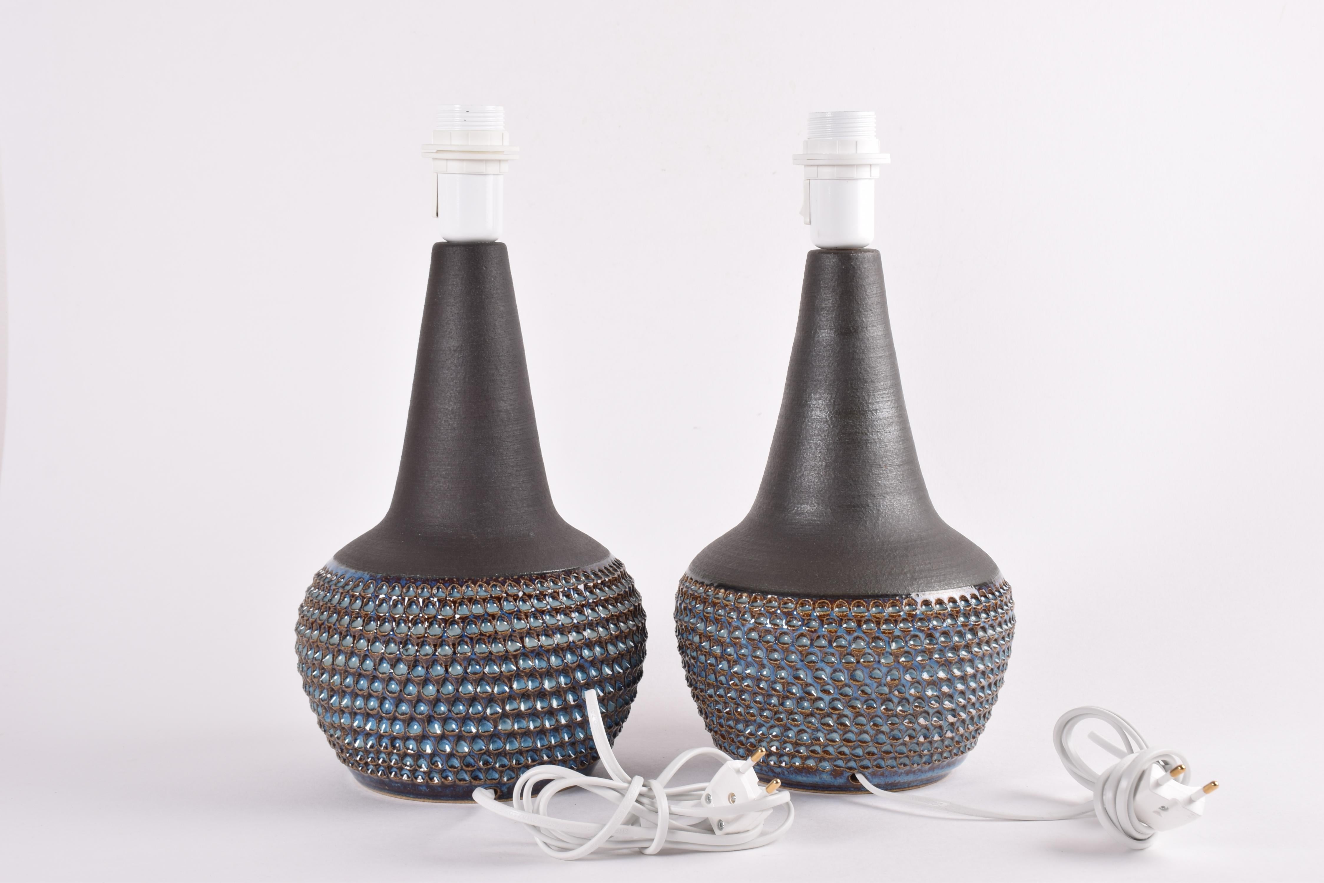 Glazed Pair of Danish Modern Søholm Blue Ceramic Table Lamps by Einar Johansen, 1960s For Sale