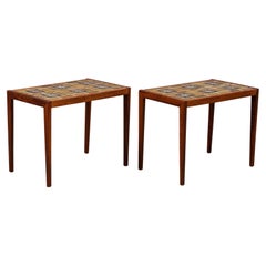 Retro Pair of Danish Modern Side Tables in Rosewood + Tile