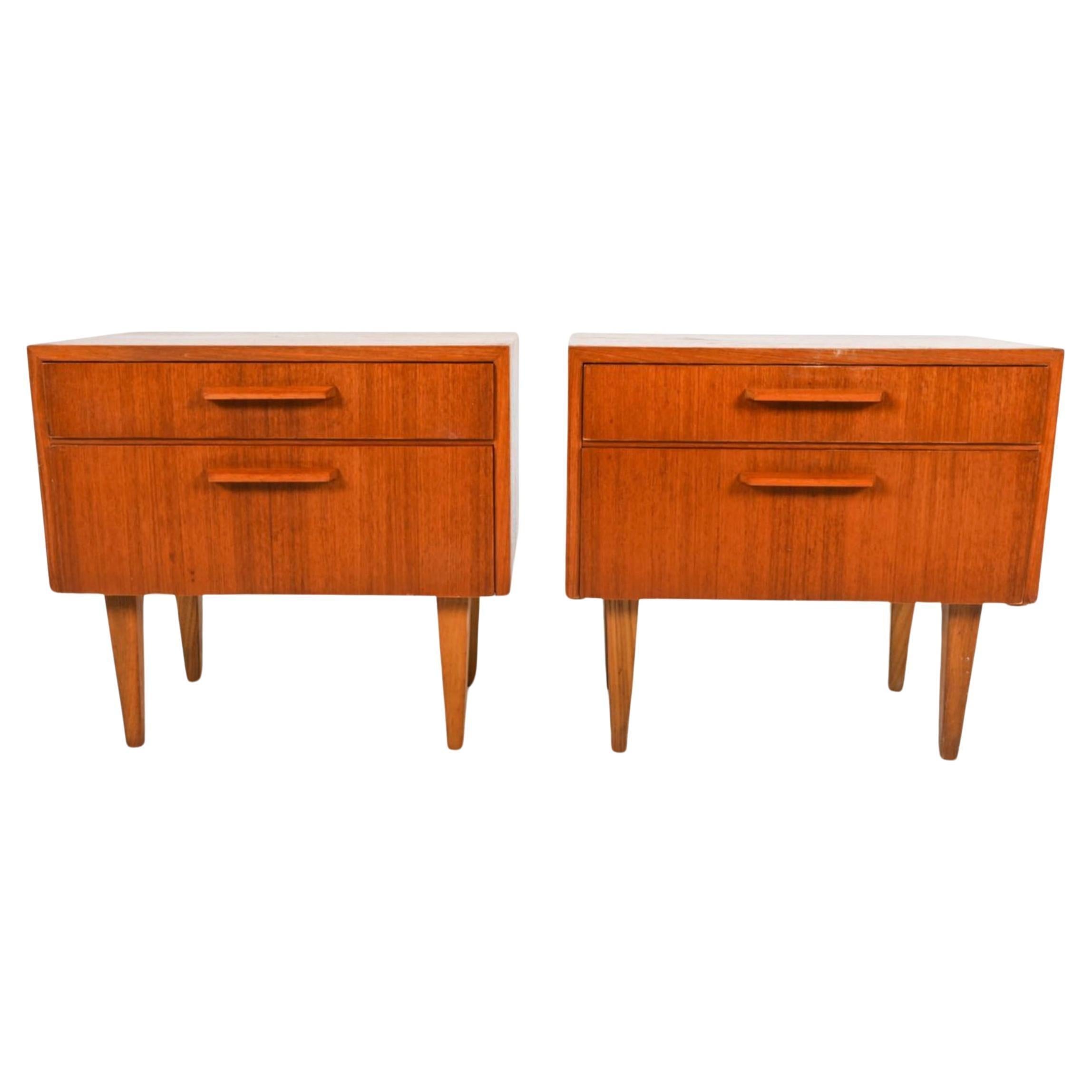 Pair of danish modern single drawer teak nightstands with lower cabinet