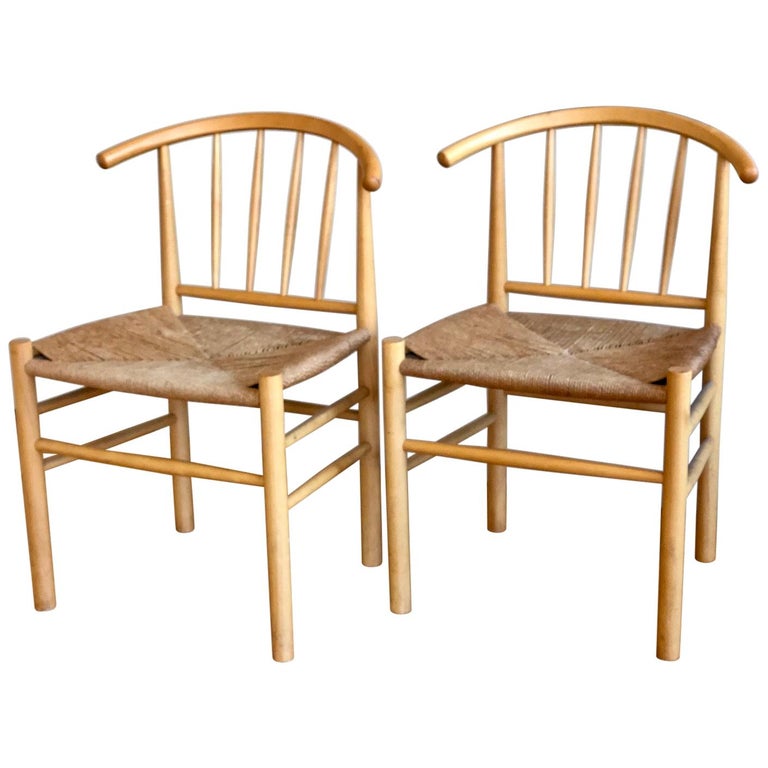 Pair of Danish Modern Solid Birch Wood and Rope Seats Chairs For Sale