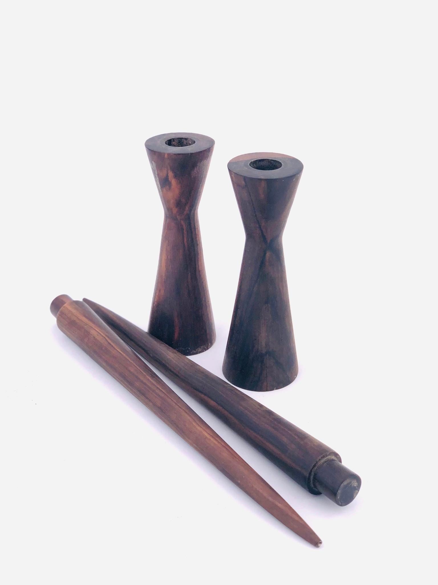 American Pair of Danish Modern Solid Rosewood Candlesticks Hand Turned For Sale