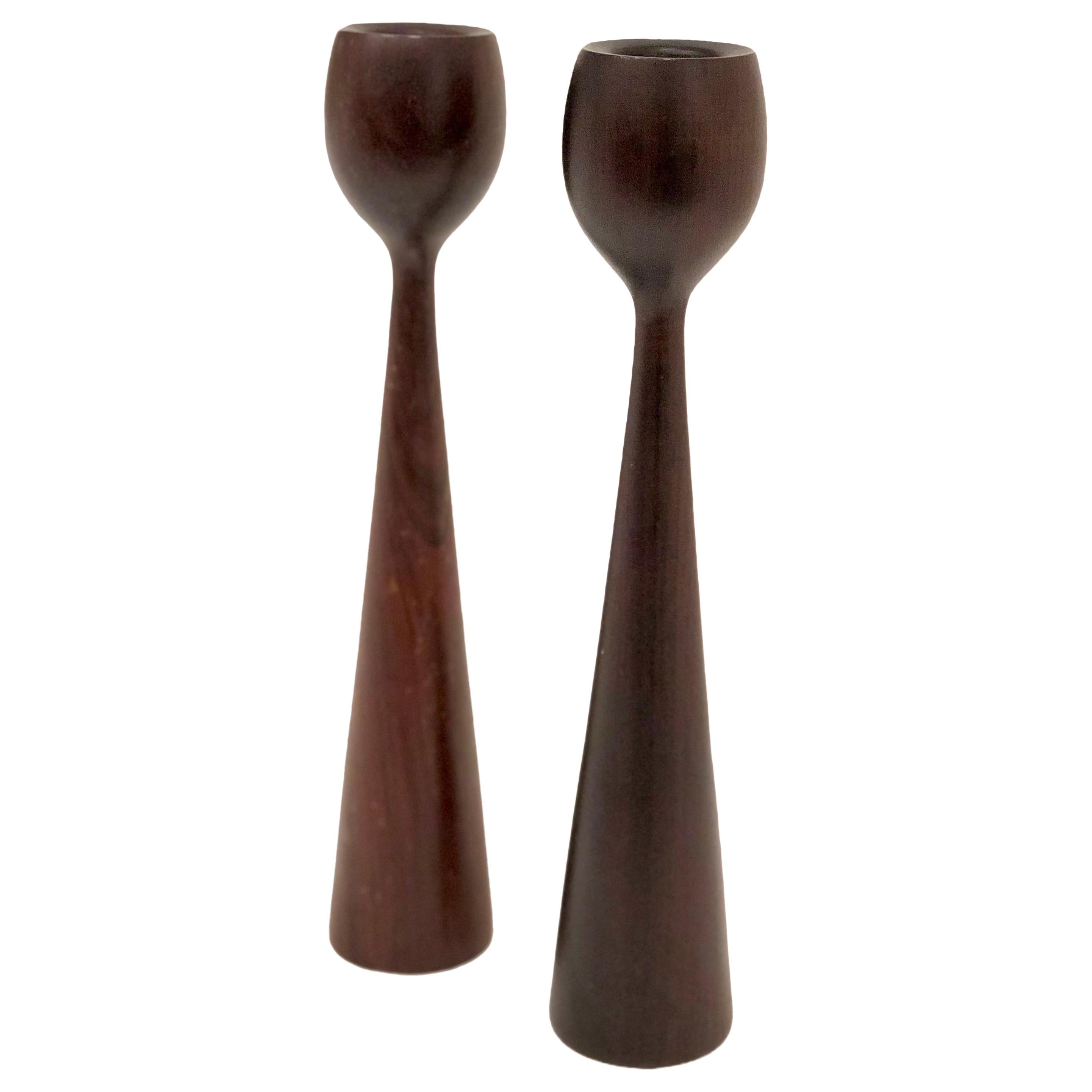 Pair of Danish Modern Solid Rosewood Candlesticks Hand Turned