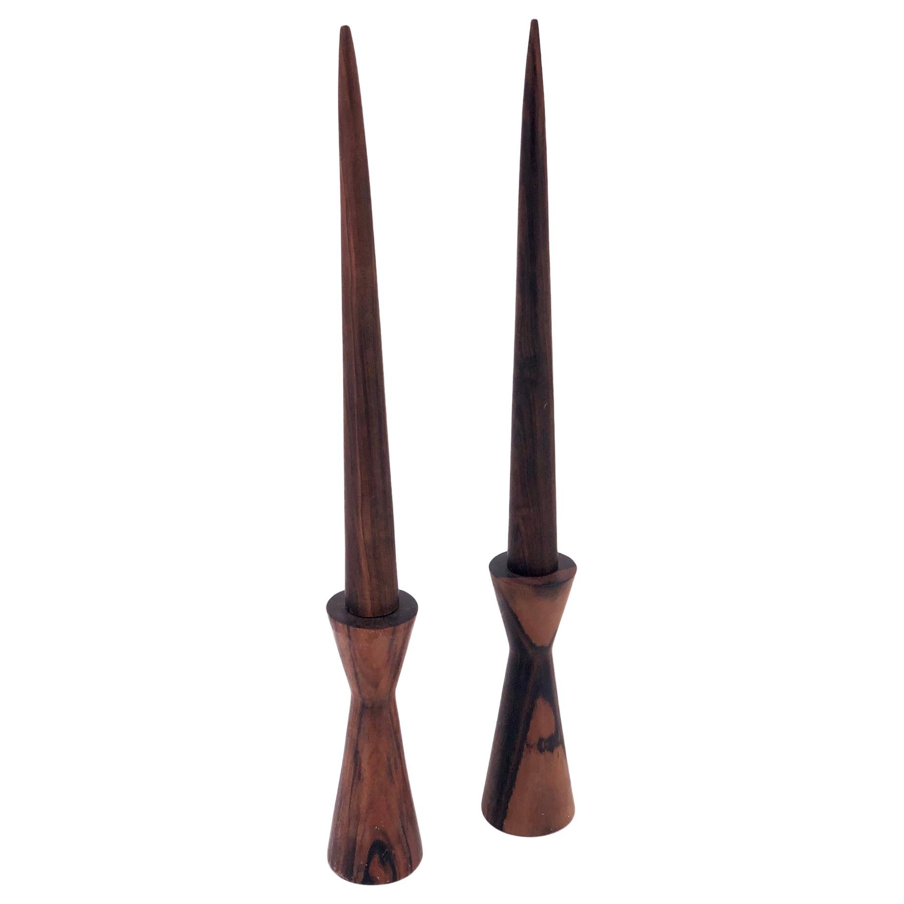 Pair of Danish Modern Solid Rosewood Candlesticks Hand Turned