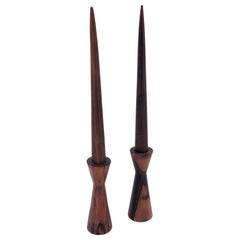 Vintage Pair of Danish Modern Solid Rosewood Candlesticks Hand Turned