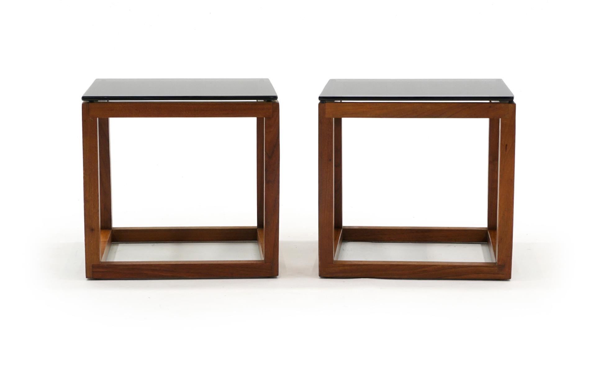 Scandinavian Modern Pair of Danish Modern Solid Teak and Grey Glass Side Tables