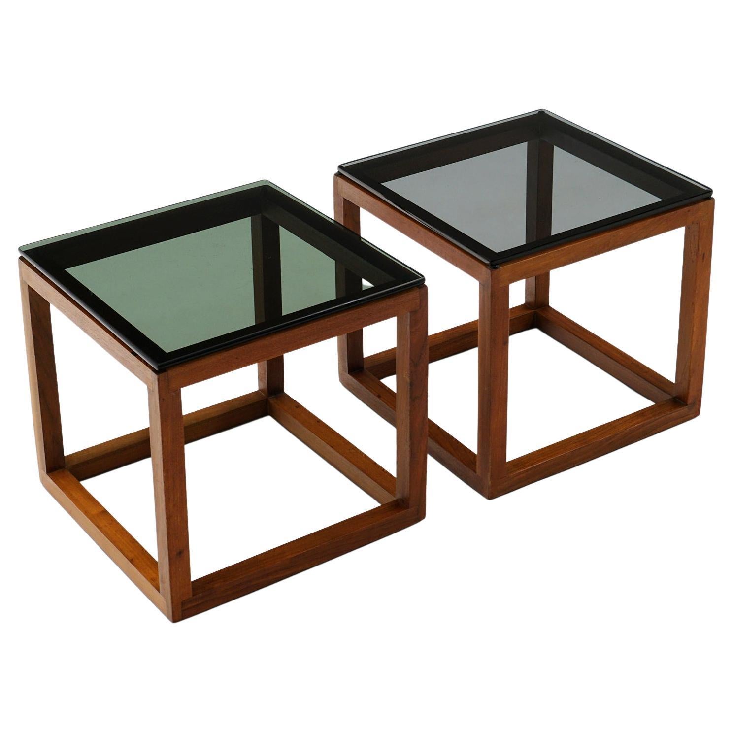 Pair of Danish Modern Solid Teak and Grey Glass Side Tables