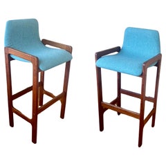 Pair of Danish Modern Solid Teak frames Barstools in Knoll Aqua Fabric