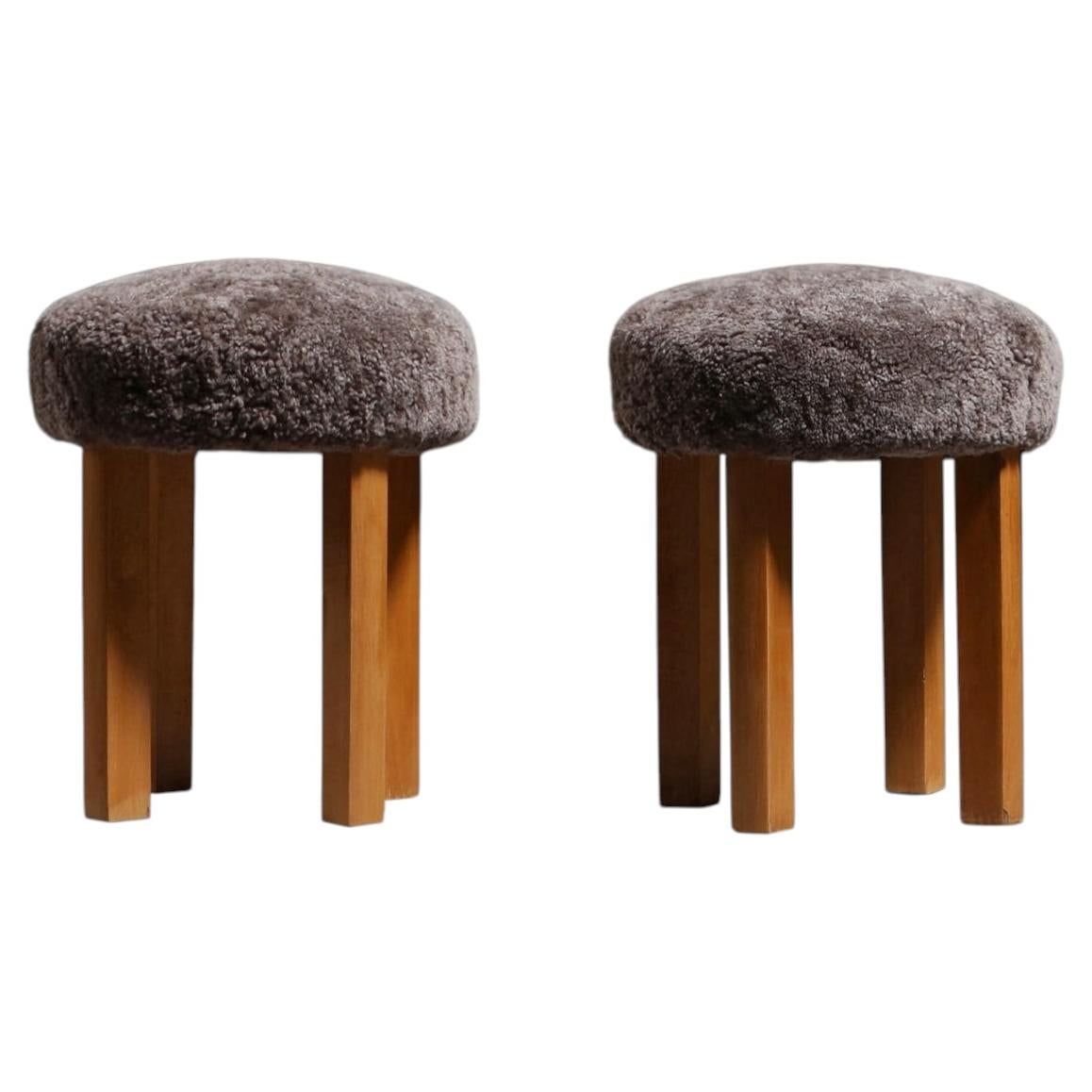 Pair of Danish Modern Stools in Sahara Sheepskin, 1940s