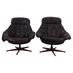 Vintage Pair of Danish Modern Swivel Lounge Chairs with Leather Upholstery
